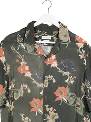 Camasa ZARA verde închis cu imprimeu floral multicolor mărime L detaliu material și croială second-hand premium