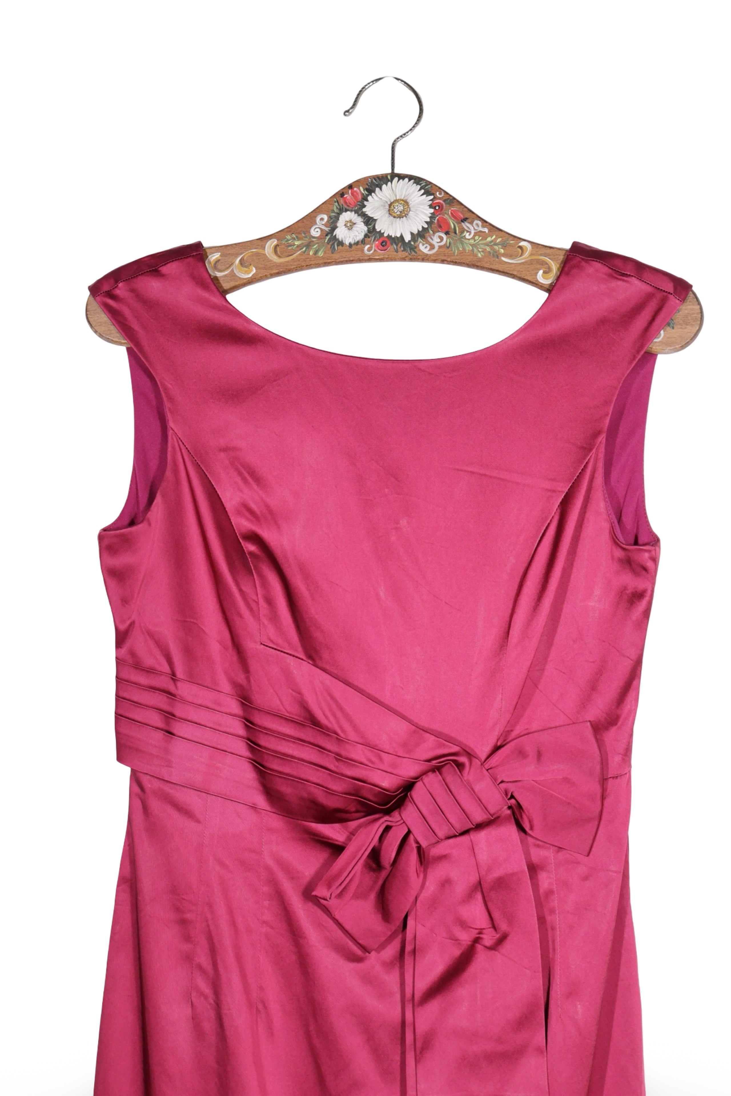 Rochie - Jake's fucsia satinata cu funda in talie – S – Femei - detaliu