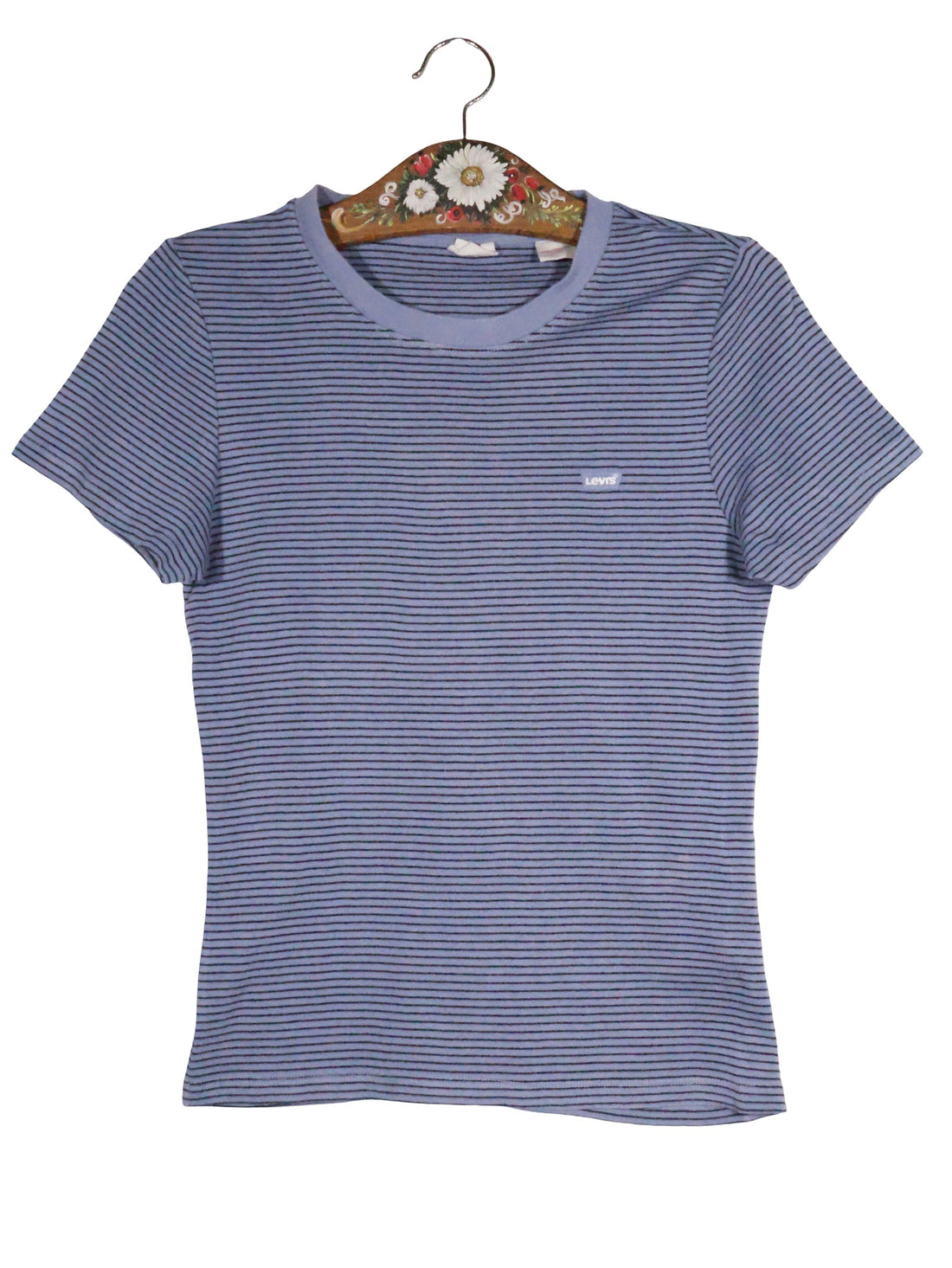 Tricou Levi's bleu cu dungi fine negre mărime M vedere din față second-hand premium