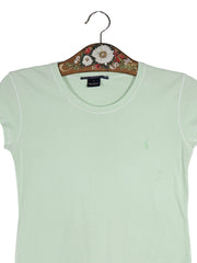 Tricou Ralph Lauren verde deschis cu dungi albe mărime M detaliu material și croială second-hand premium