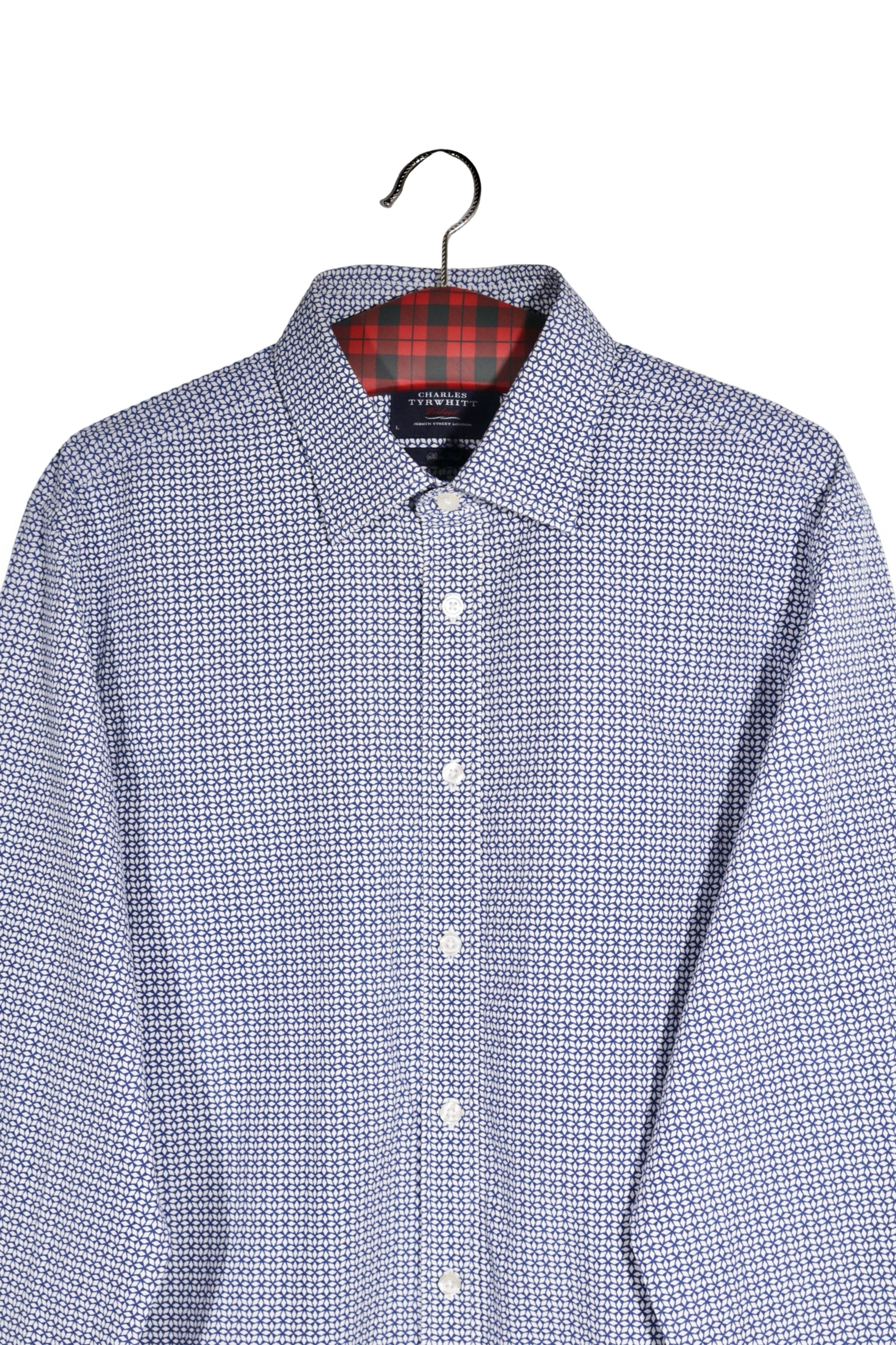 Cămașă - CHARLES TYRWHITT alb-albastră din bumbac cu microimprimeu geometric – L – Bărbați - detaliu