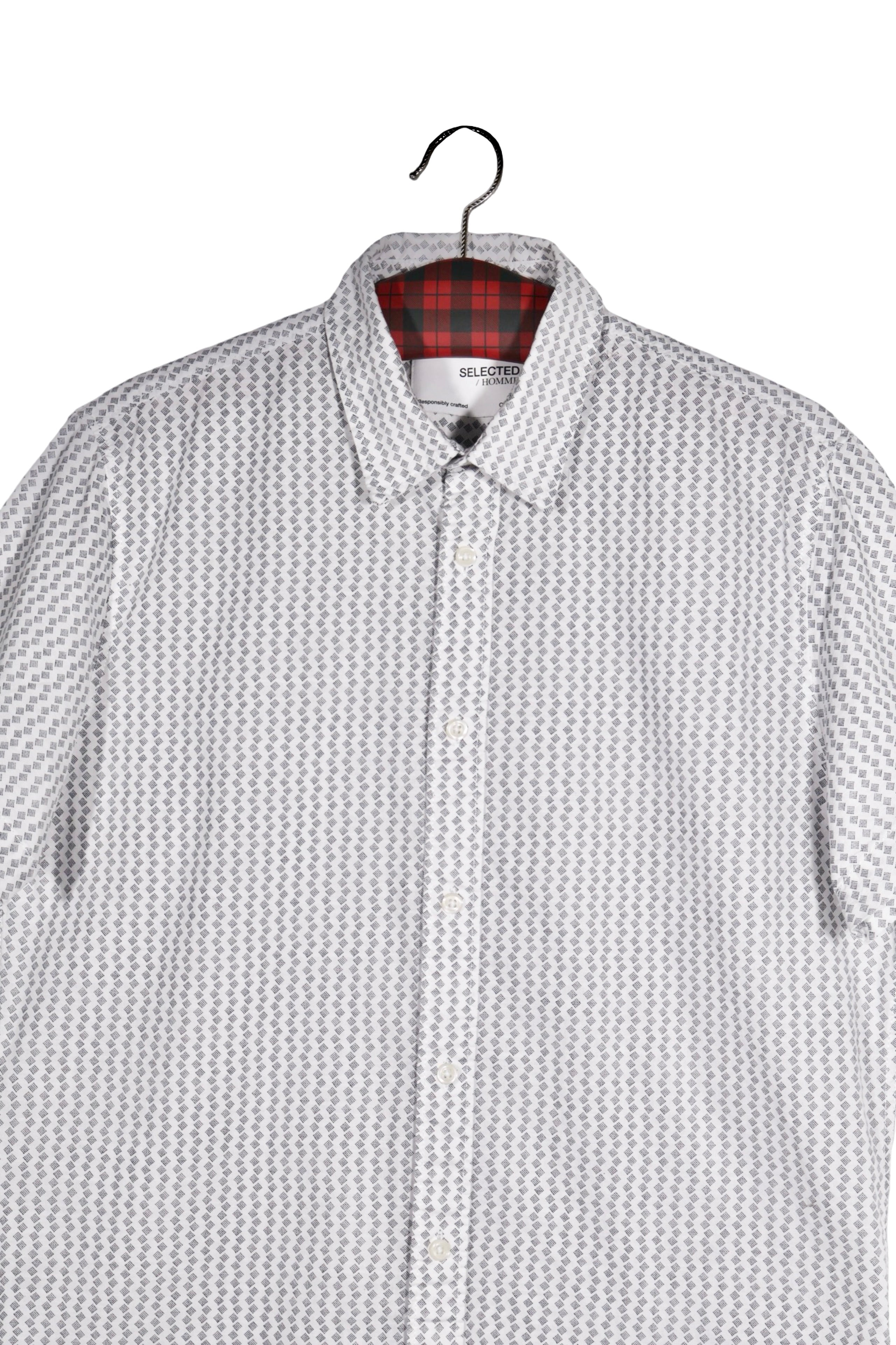 Cămașă - SELECTED HOMME albă din bumbac cu imprimeu geometric fin – M – Bărbați - detaliu