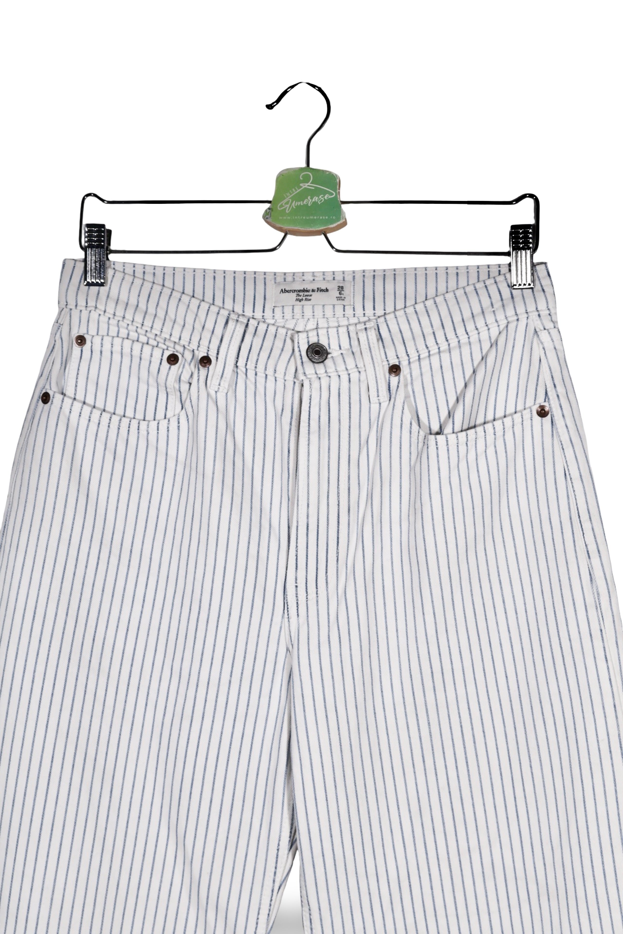 Blugi - Abercrombie&Fitch alb cu dungi albastre si croiala dreapta – W28 – Femei - detaliu