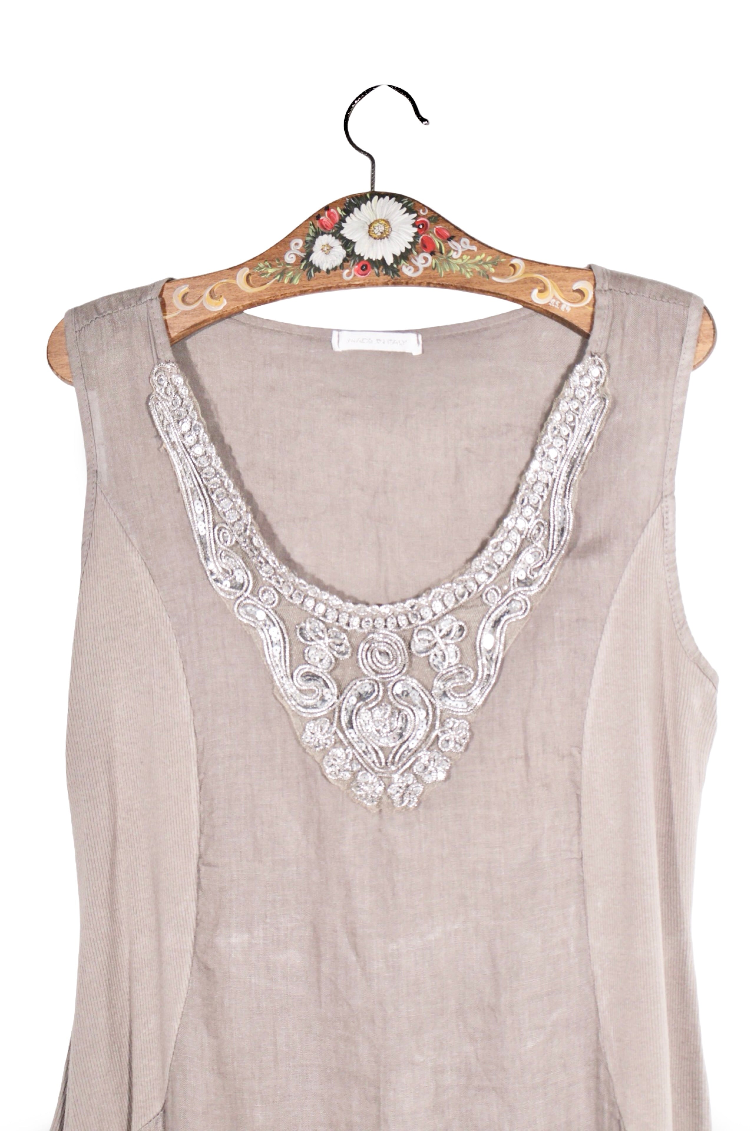 Rochie - Alte Branduri bej-gri din in cu broderie decorativă – XXL – Femei - spate