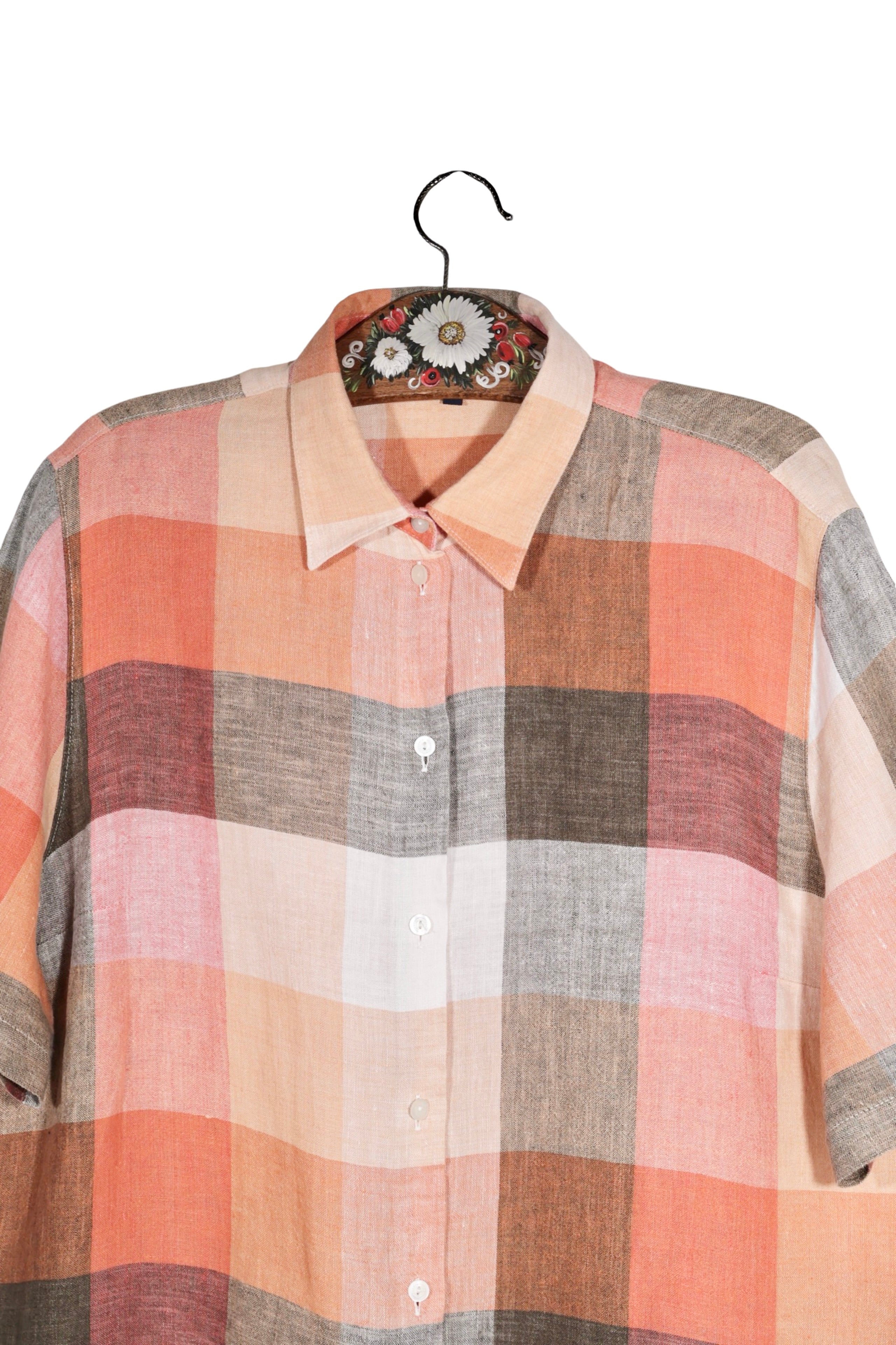Cămașă - Vintage în carouri pastelate din in cu croială amplă – 3XL – Femei - detaliu