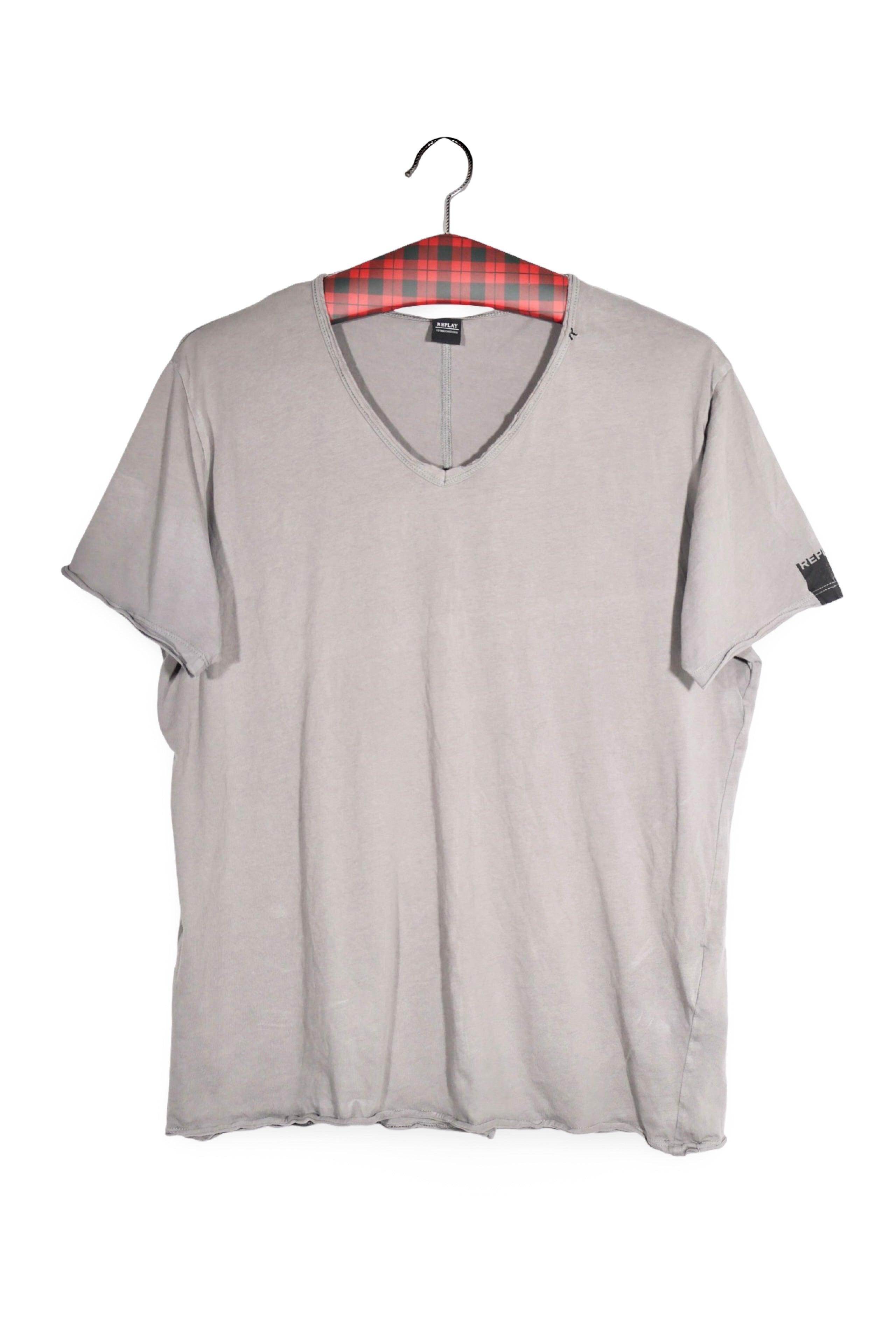 Tricou - Replay gri deschis din bumbac cu decolteu in V – M – Bărbați - fata