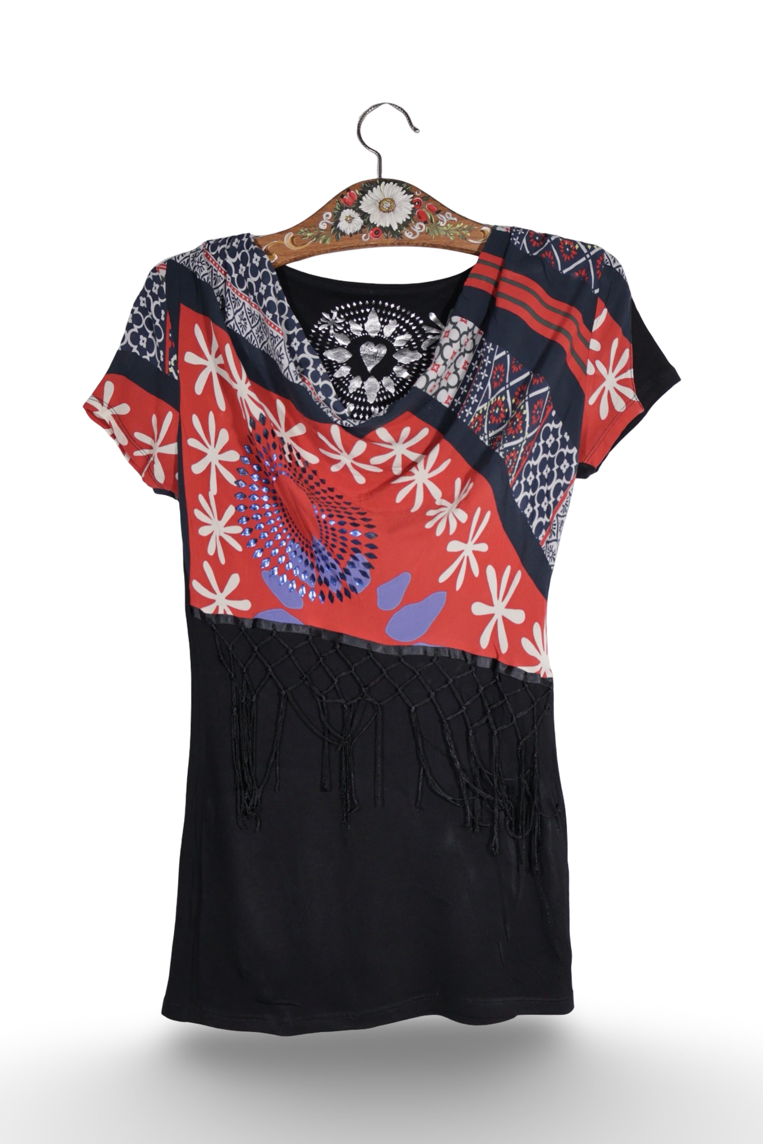 Tricou - Desigual multicolor cu imprimeu grafic si detaliu ornamental – S – Femei - fata