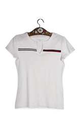Tricou - Tommy Hilfiger alb din bumbac cu detaliu colorat la guler – S – Femei - fata