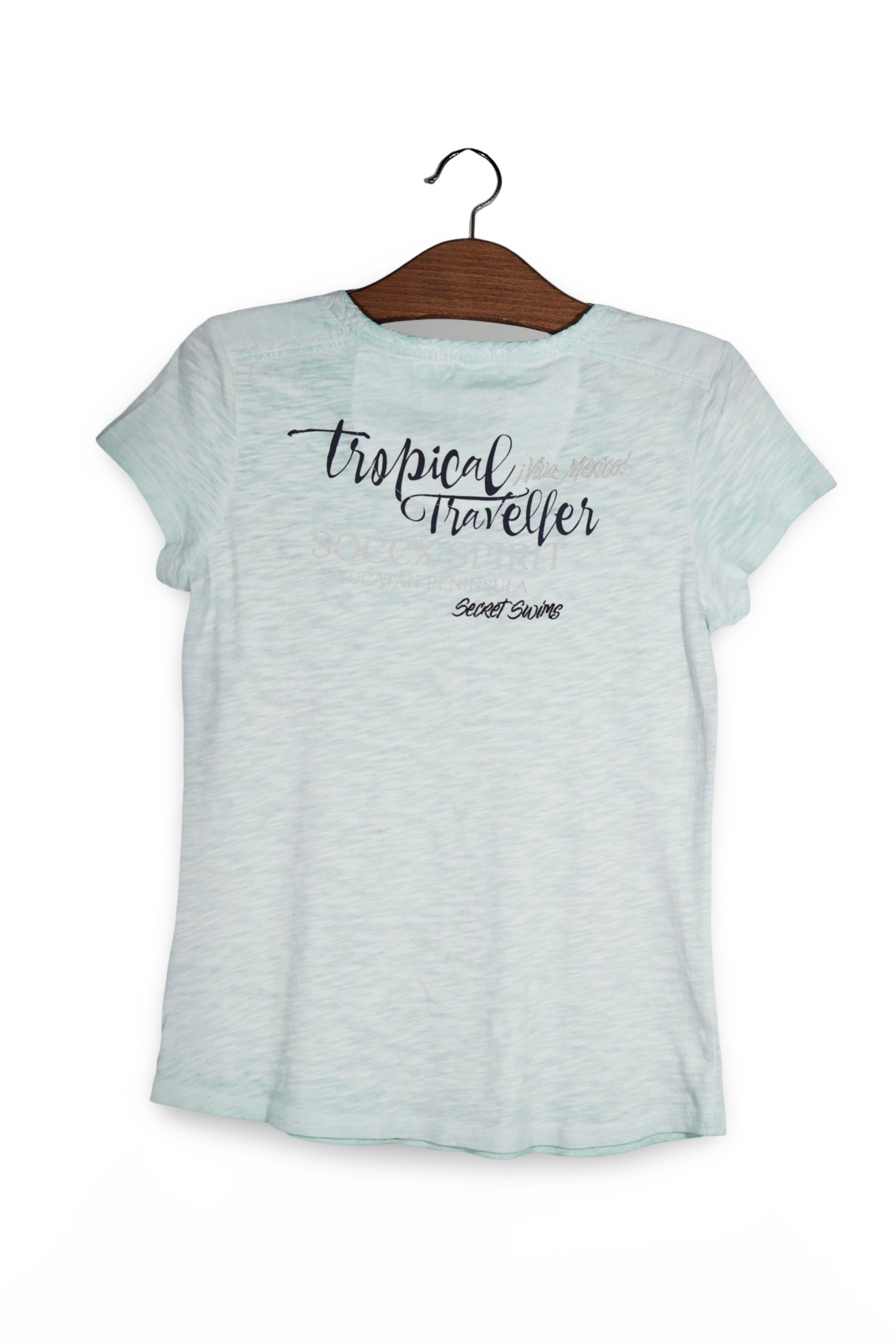 Tricou - Premium albastru deschis cu print grafic si decolteu in V – S – Femei - spate
