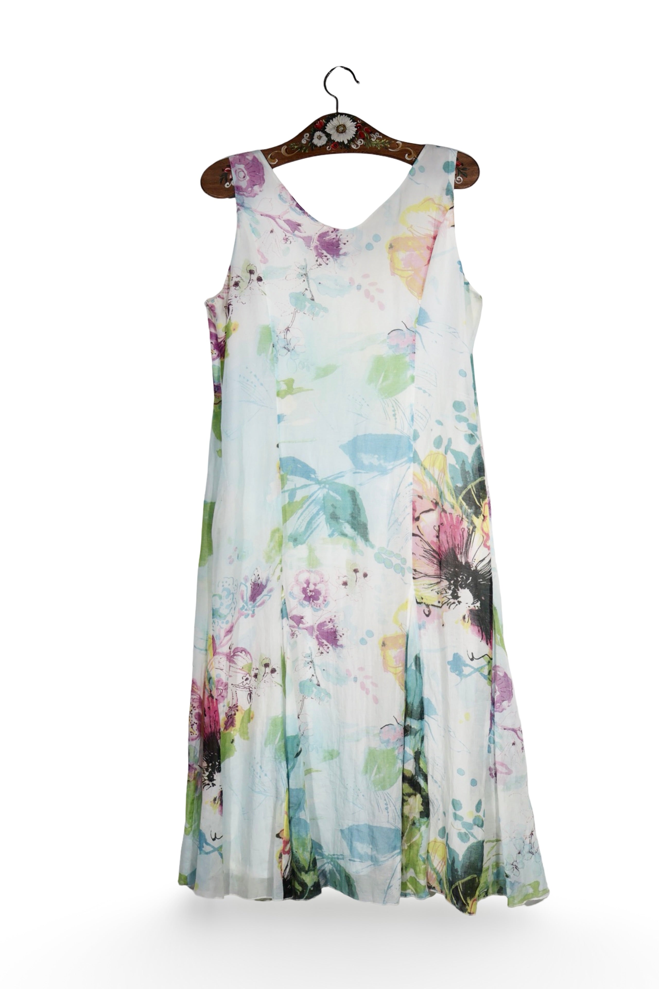 Rochie - Premium din bumbac&matase cu imprimeu floral pastel si croială evazată – L – Femei - spate