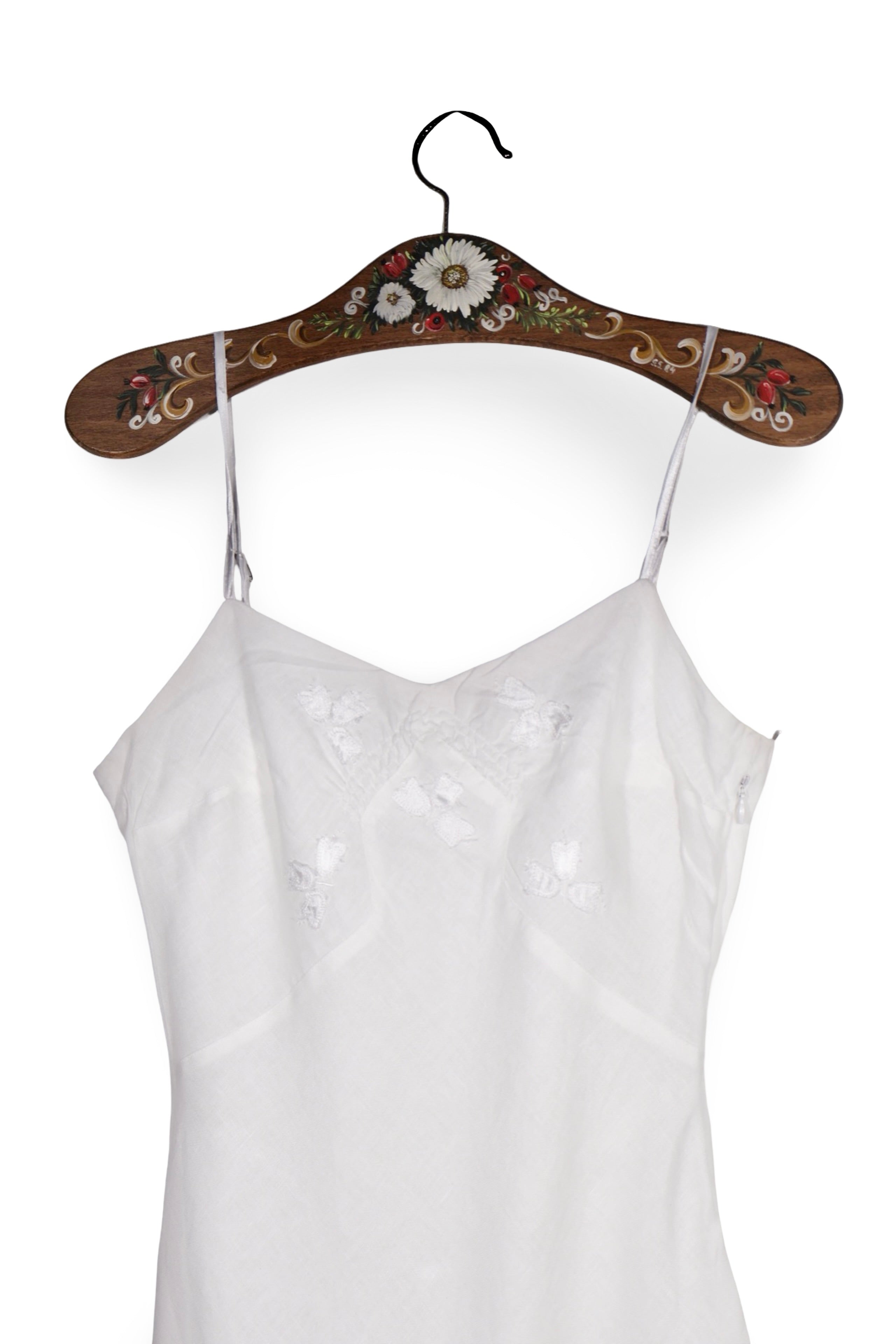 Rochie - Premium albă din in cu bretele fine – S – Femei - detaliu