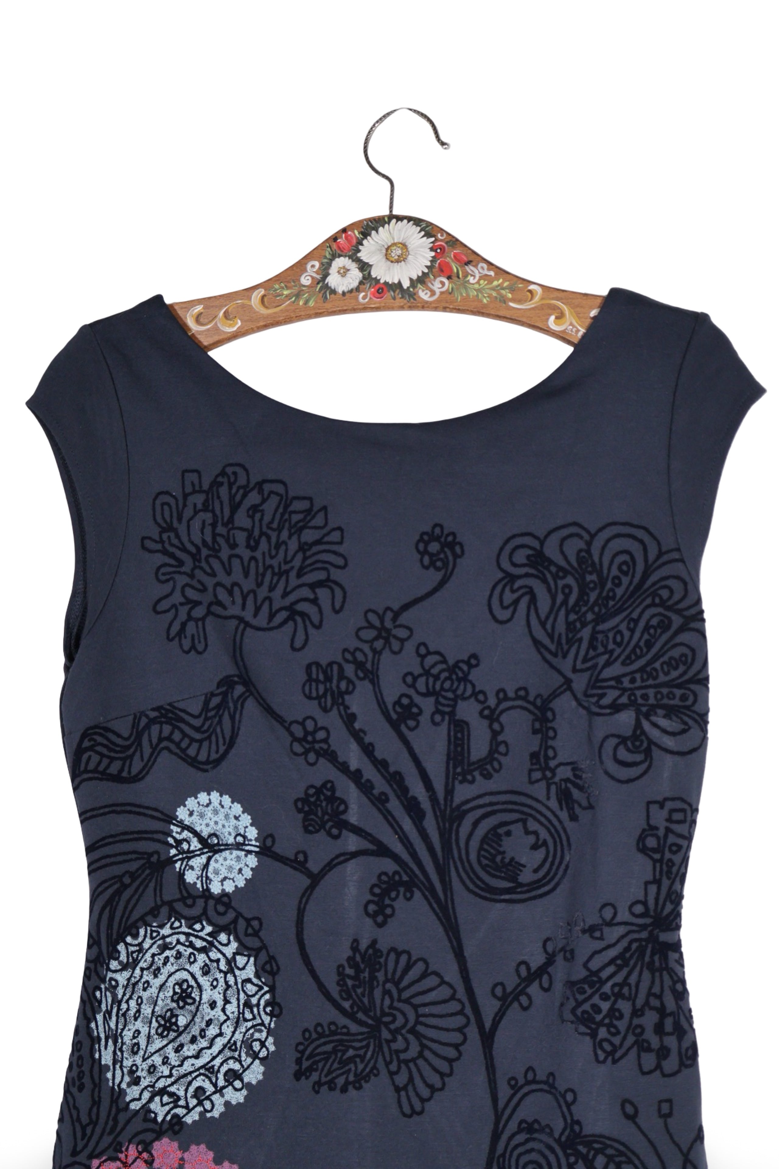 Rochie - Desigual bleumarin cu imprimeu floral-grafic – L – Femei - detaliu