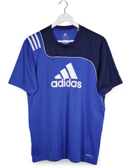 Tricou adidas albastru cu bleumarin si alb mărime L vedere din față second-hand premium