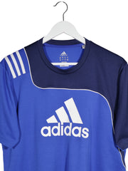 Tricou adidas albastru cu bleumarin si alb mărime L detaliu material și croială second-hand premium