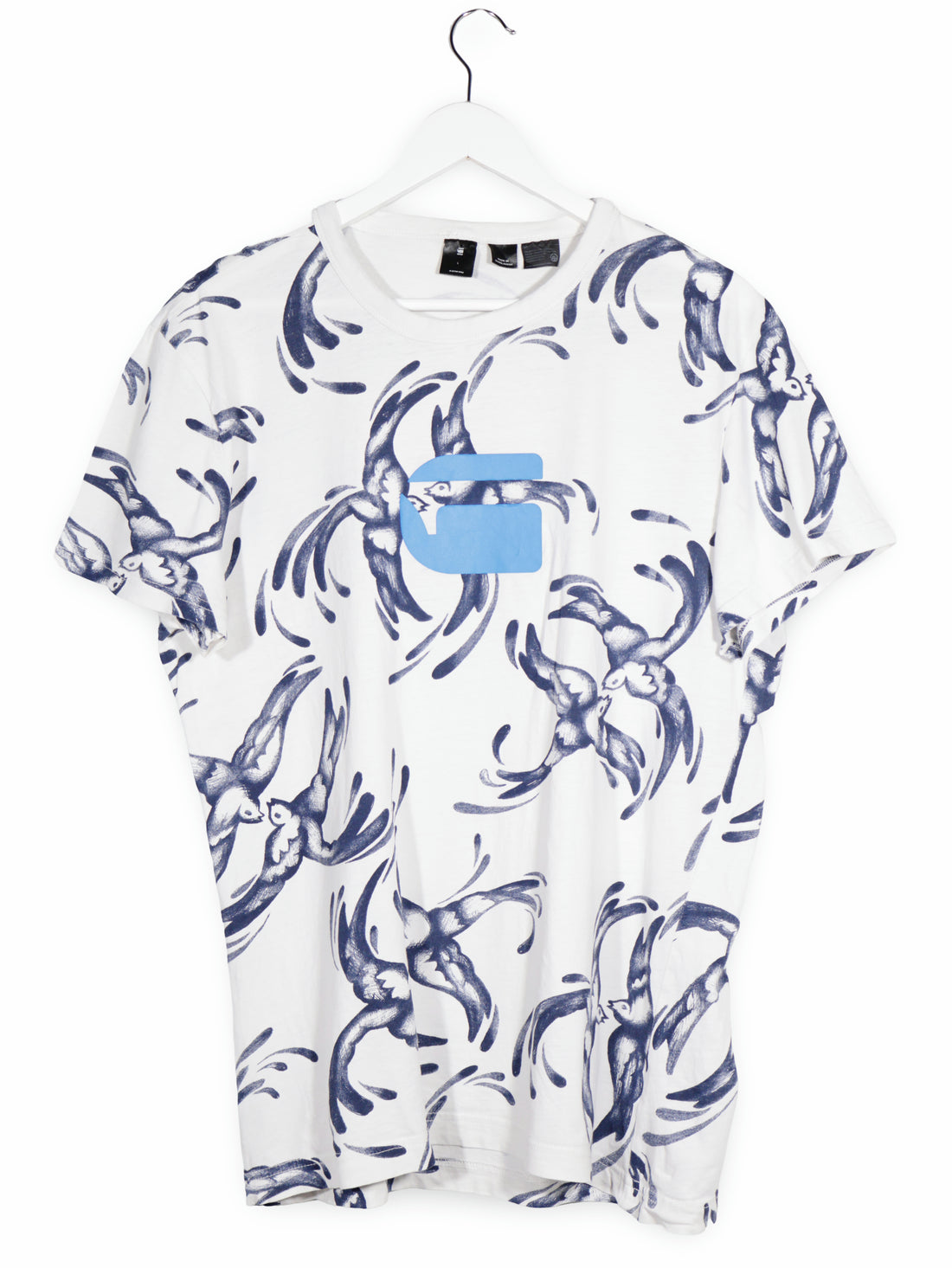 Tricou G-STAR alb cu print albastru mărime L vedere din față second-hand premium