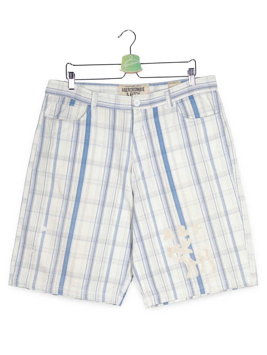 Pantaloni scurti Abercrombie & Fitch alb cu dungi albastre mărime XL vedere din față second-hand premium