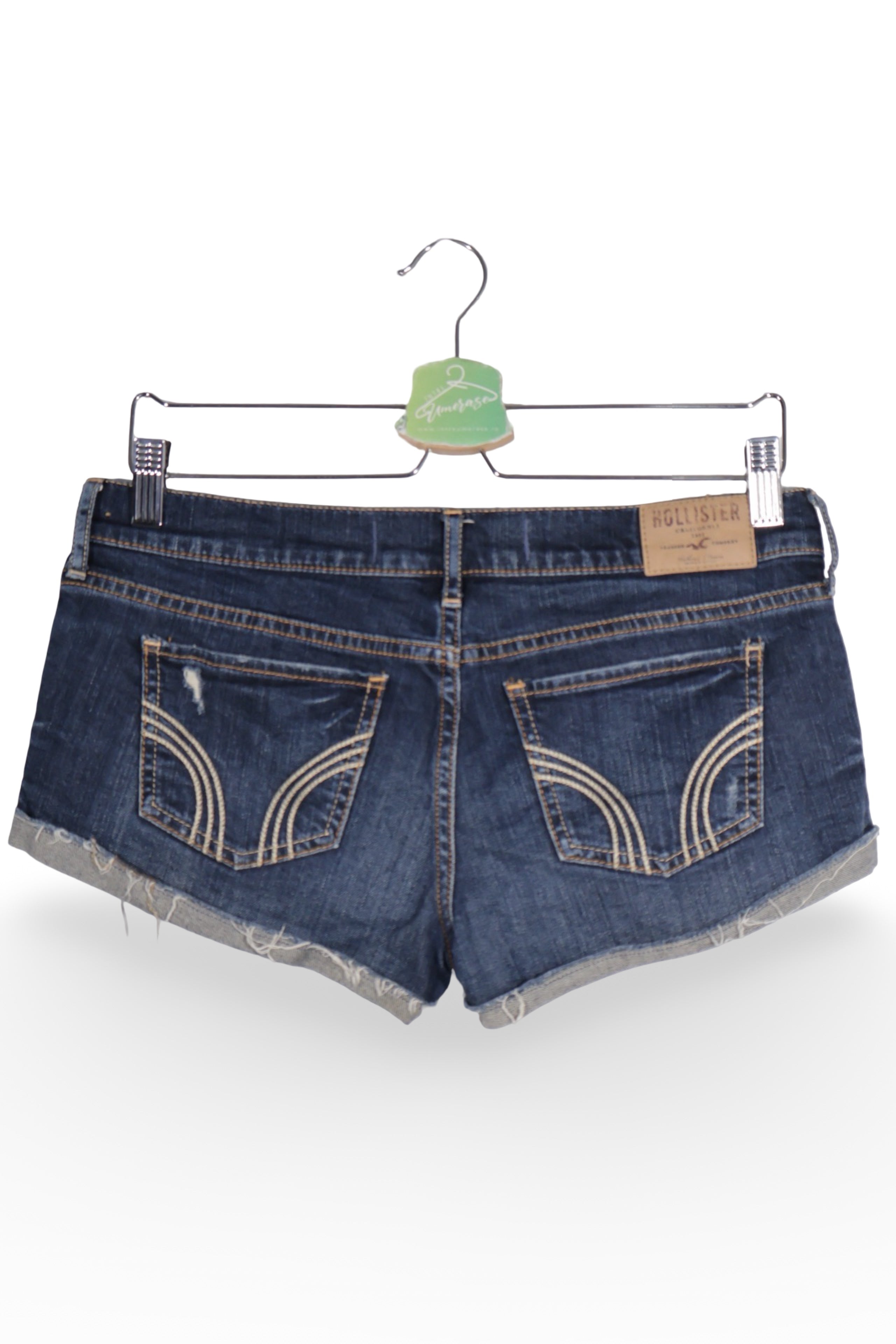 Blugi scurți - Hollister albaștri închiși din denim prespălat cu detalii destroyed – S – Femei - detaliu