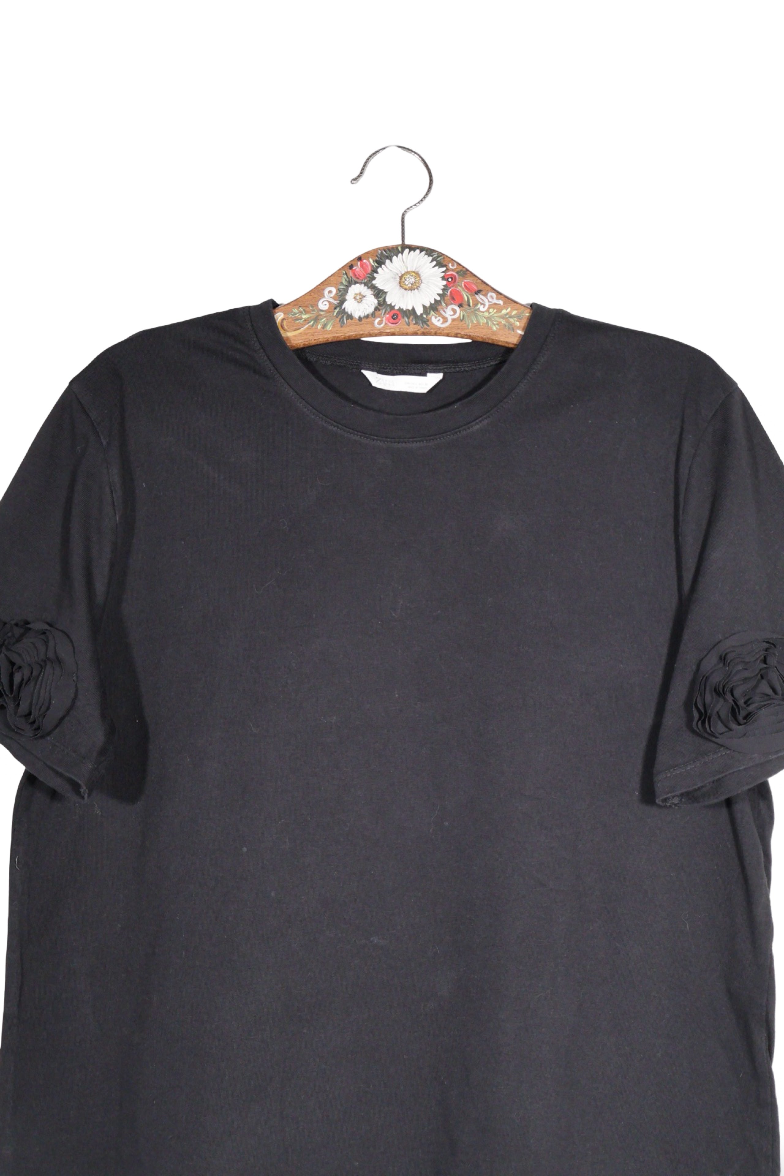 Tricou - Zara negru din bumbac cu maneci decorate – L – Femei - fata