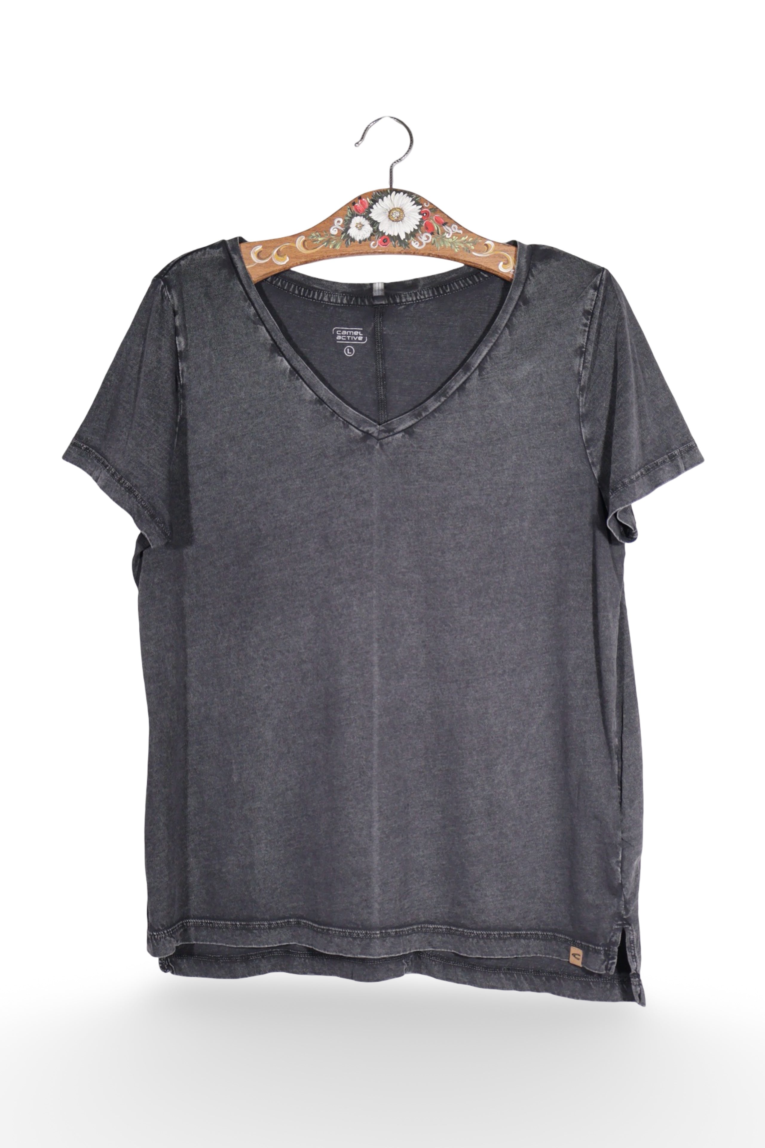 Tricou - Camel gri inchis spalacit, cu decolteu in V – L – Femei - fata