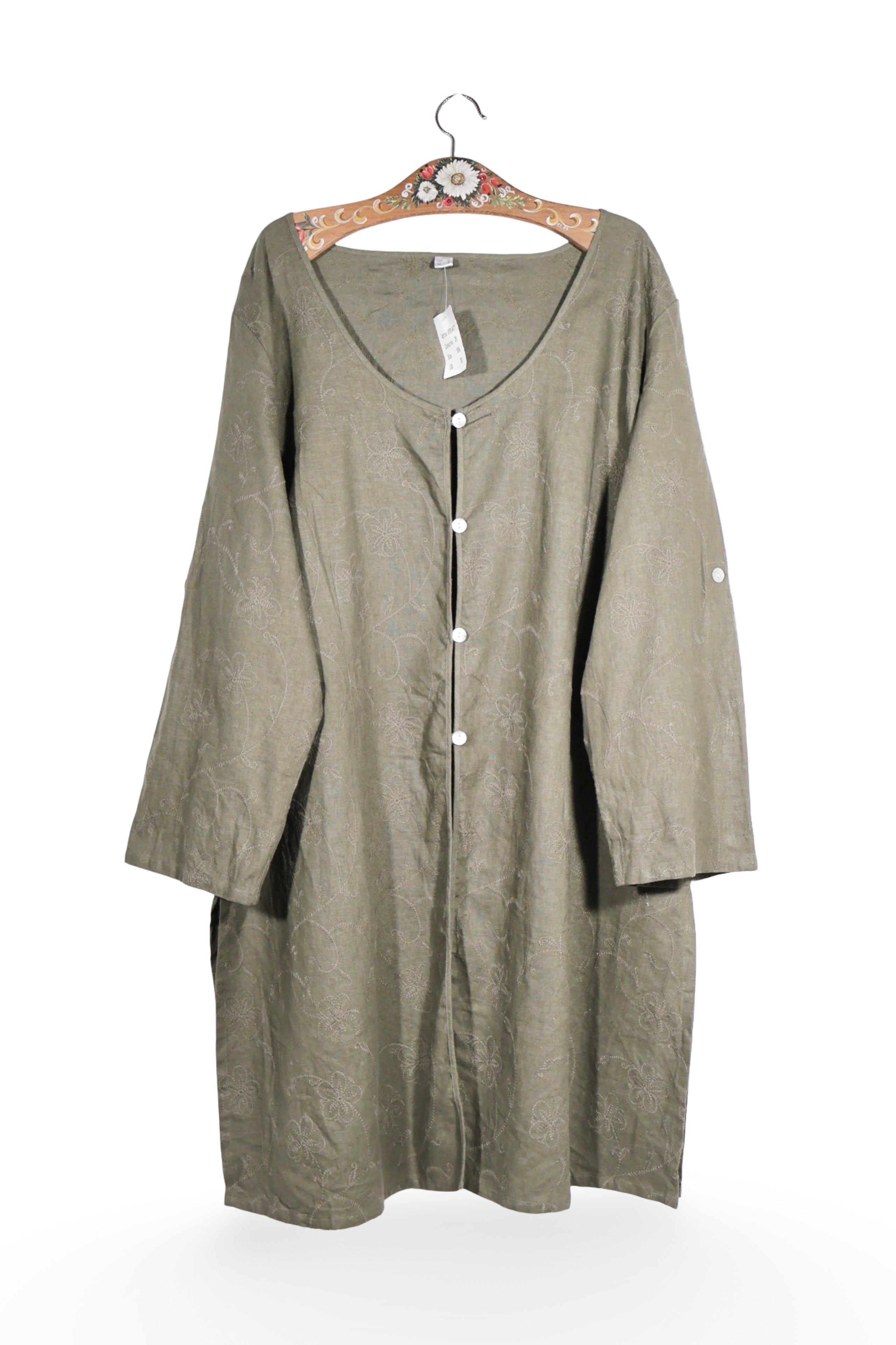 Rochie - Premium verde masliniu din in si vascoza cu imprimeu discret – 4XL+ – Femei - fata