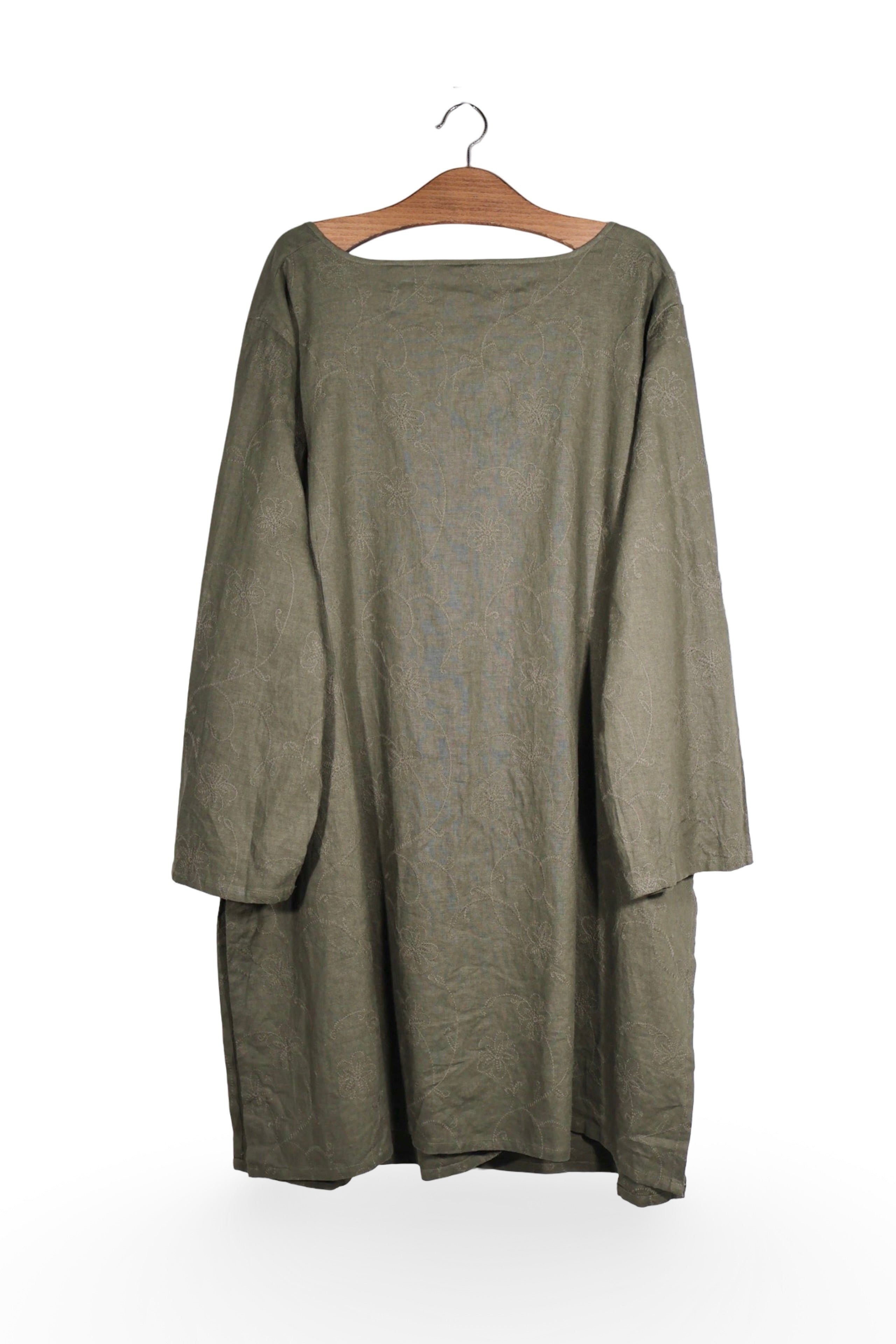 Rochie - Premium verde masliniu din in si vascoza cu imprimeu discret – 4XL+ – Femei - spate