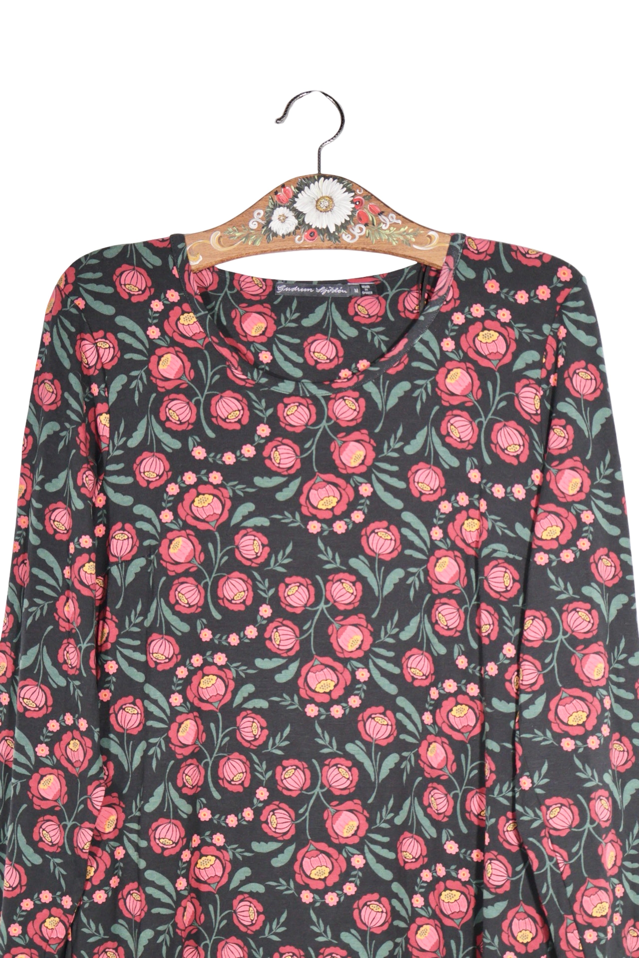 Rochie - Premium neagră cu imprimeu floral si croială fluidă – M – Femei - detaliu
