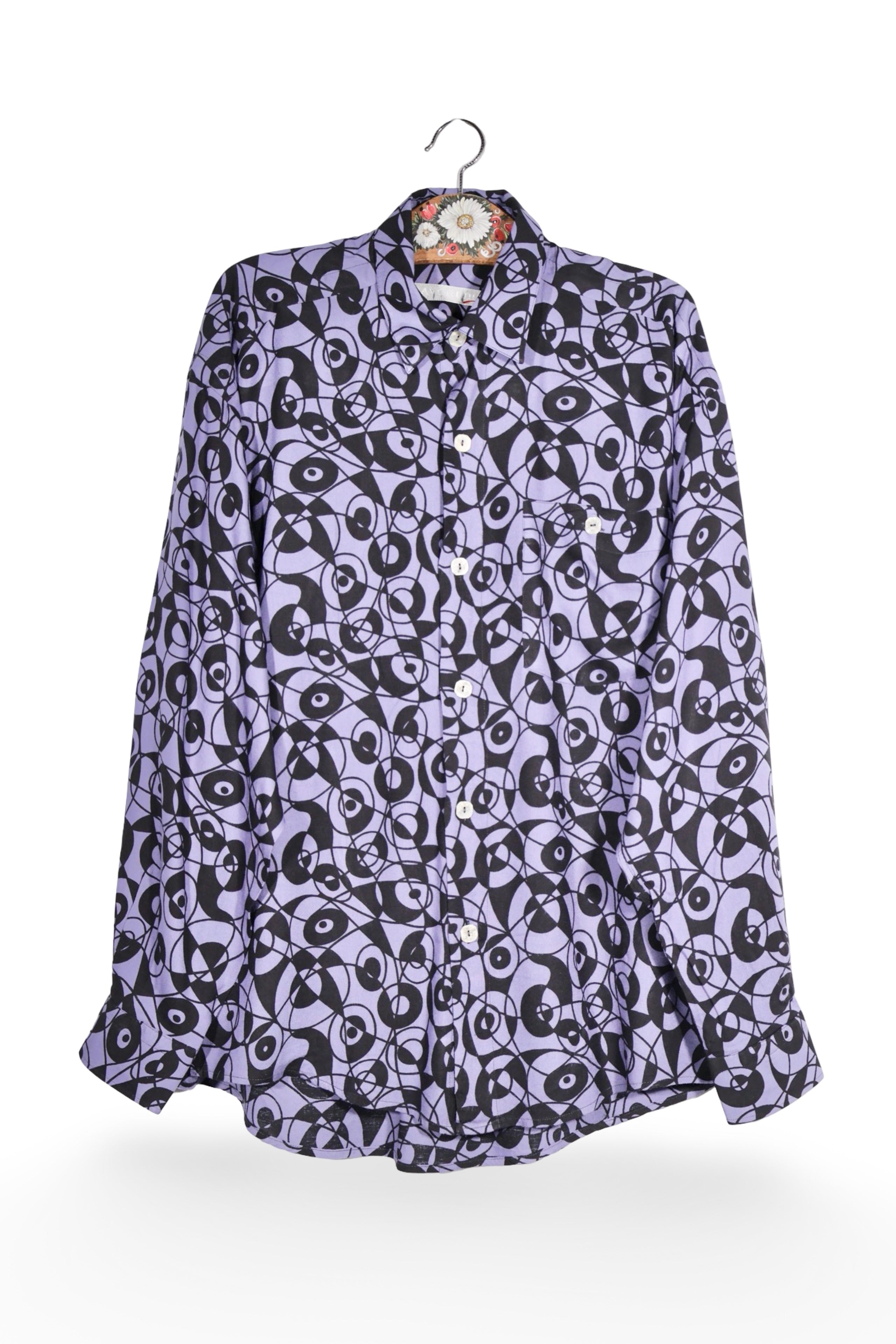 Cămașă - Vintage lila cu imprimeu abstract si croiala lejera – XL – Femei - fata