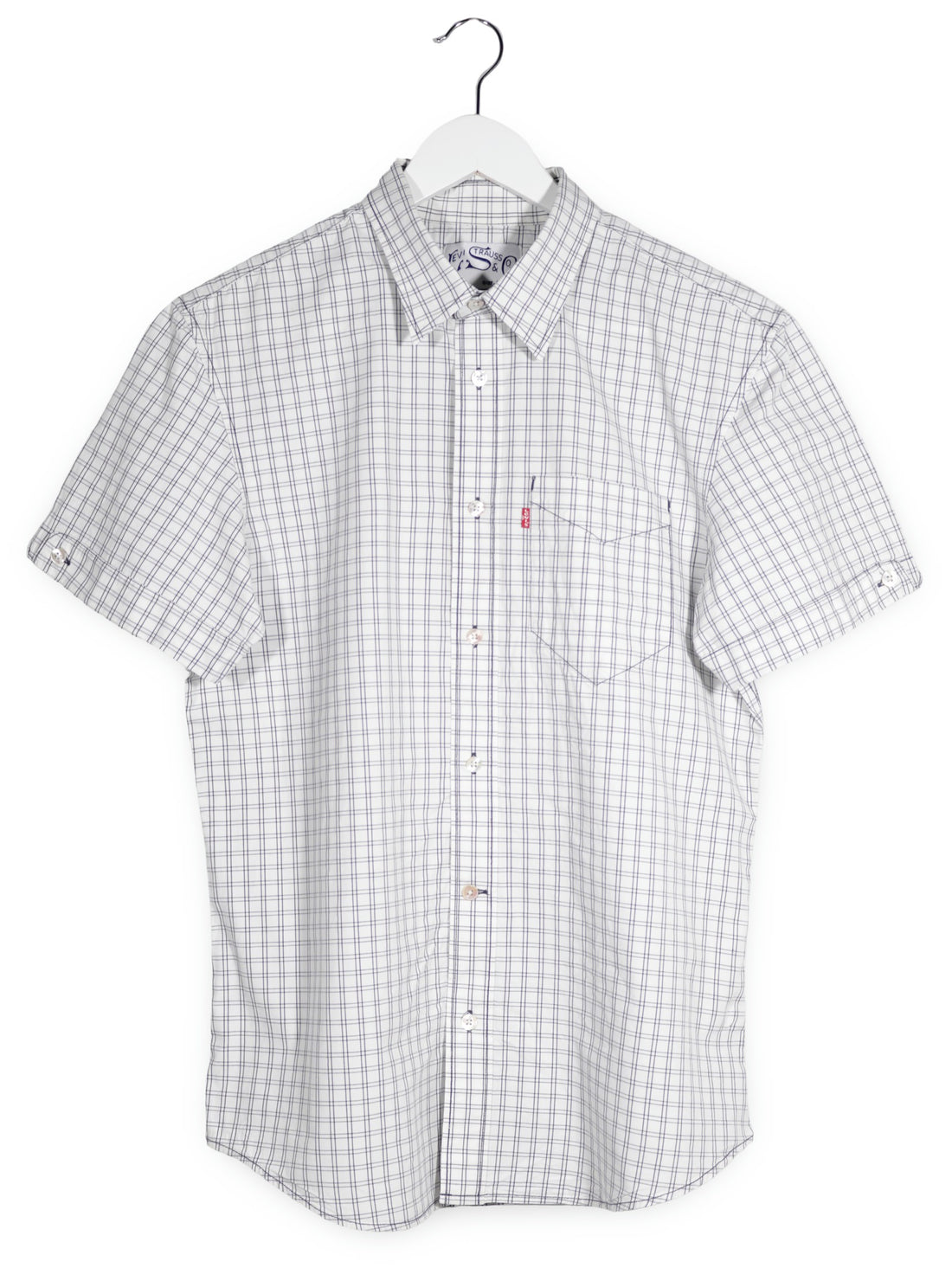 Camasa Tross & Co alb cu carouri gri-albastre mărime M vedere din față second-hand premium