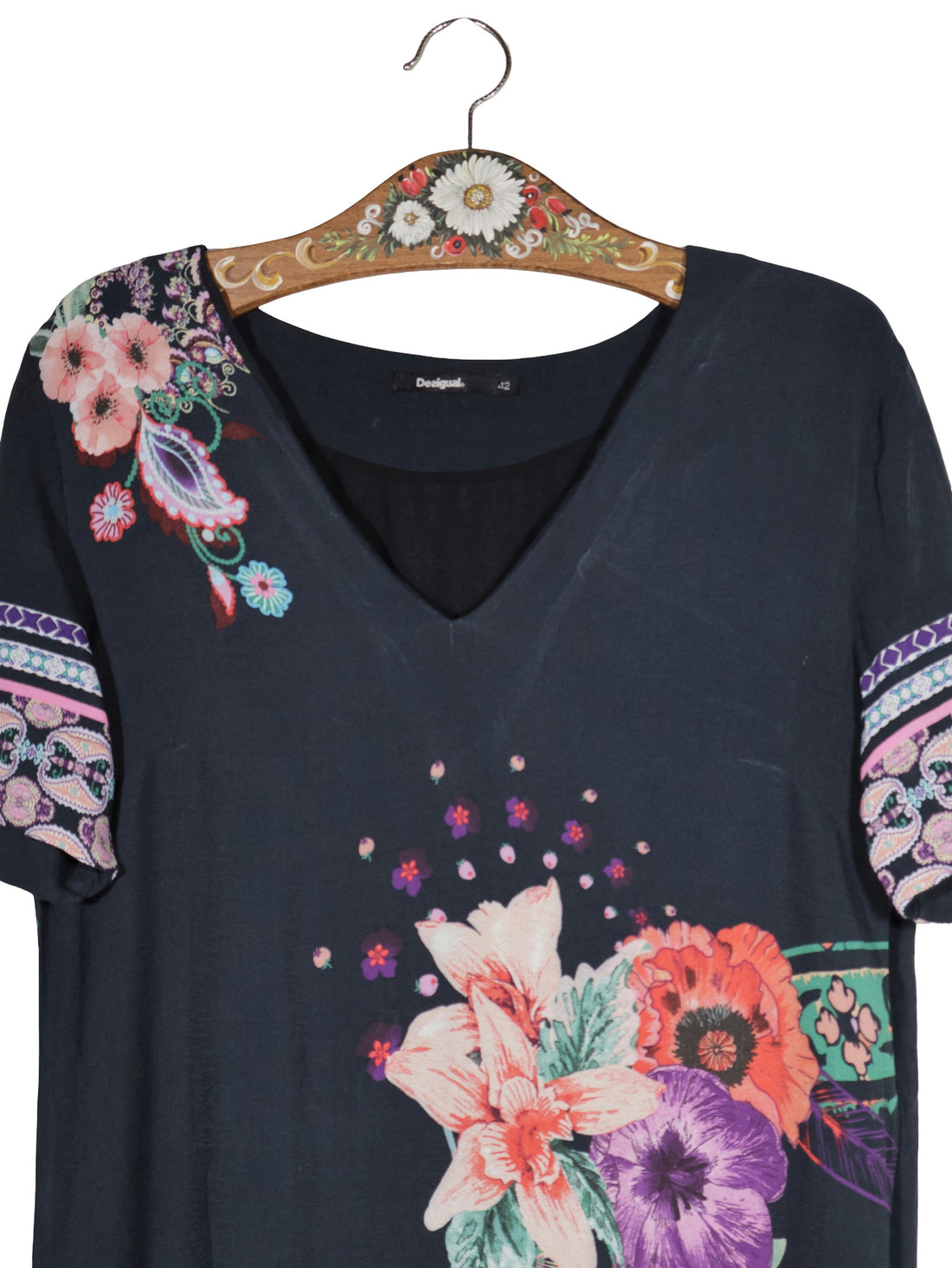 Rochie Desigual negru cu imprimeu floral multicolor mărime XL detaliu material și croială second-hand premium