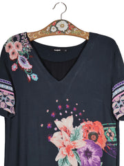 Rochie Desigual negru cu imprimeu floral multicolor mărime XL detaliu material și croială second-hand premium