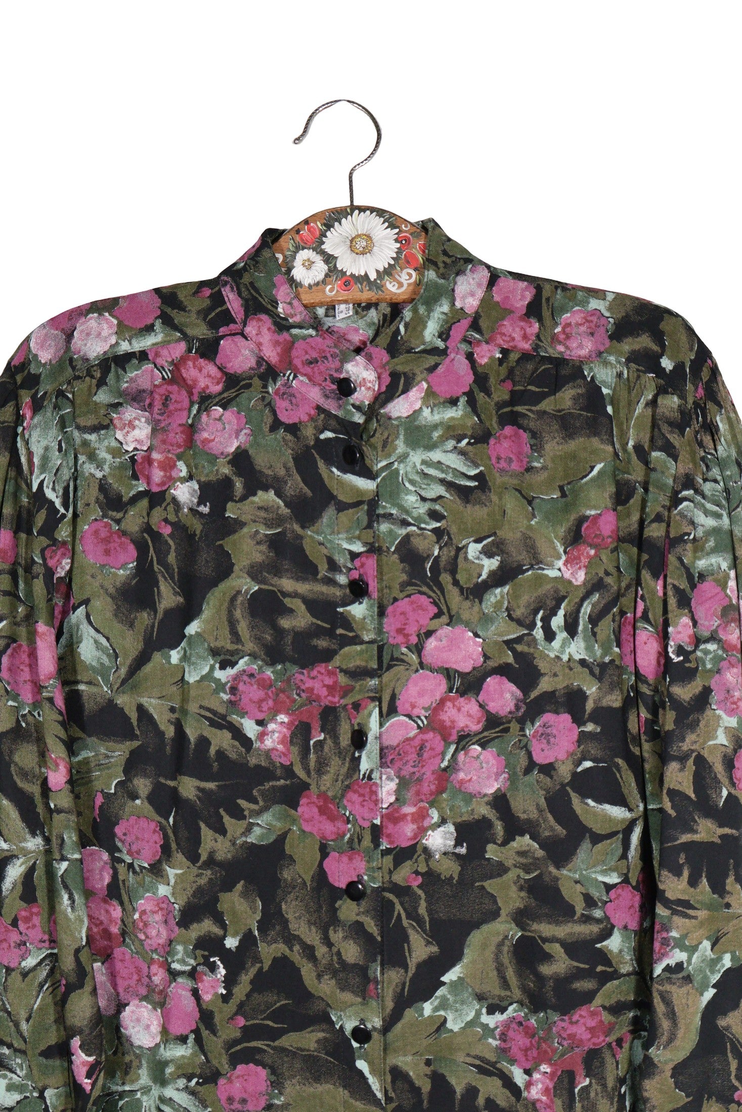 Camasa Vintage negru, verde măsliniu, roz, alb mărime M vedere din față second-hand premium