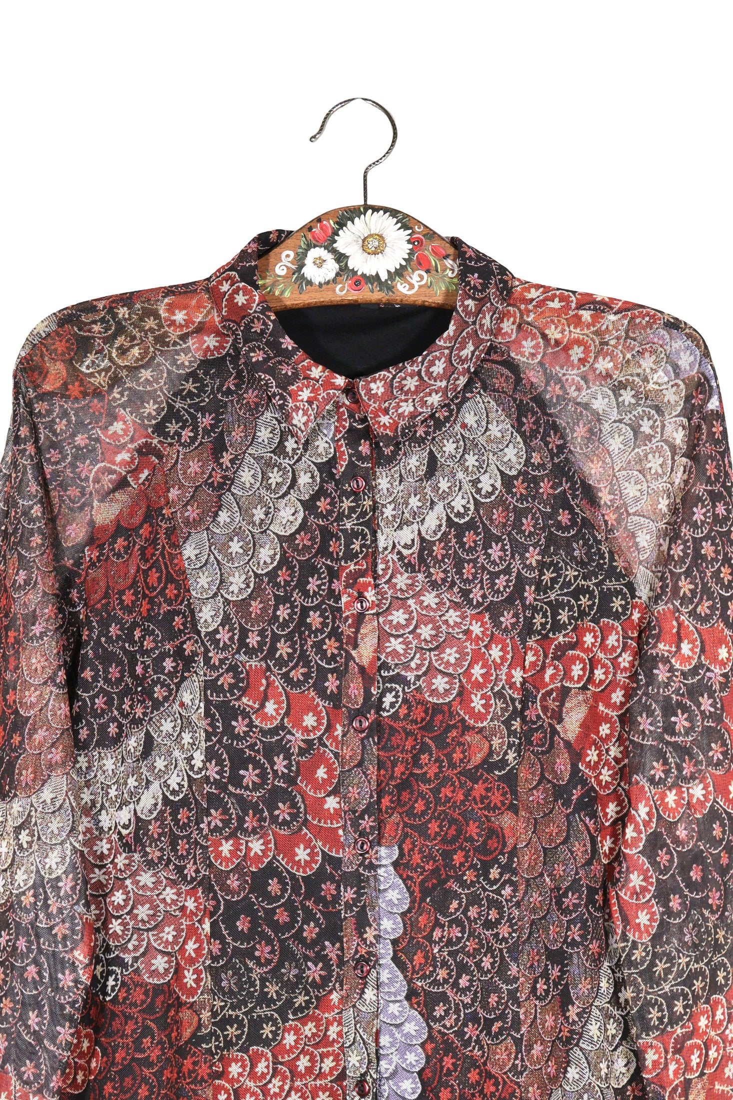 Camasa Desigual roșu, negru, alb, mov mărime L detaliu material și croială second-hand premium