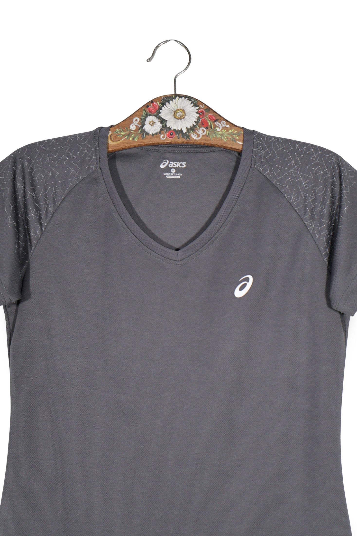 Tricou Asics gri mărime M detaliu material și croială second-hand premium