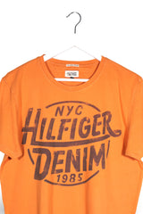 Tricou Hilfiger Denim portocaliu mărime L detaliu material și croială second-hand premium