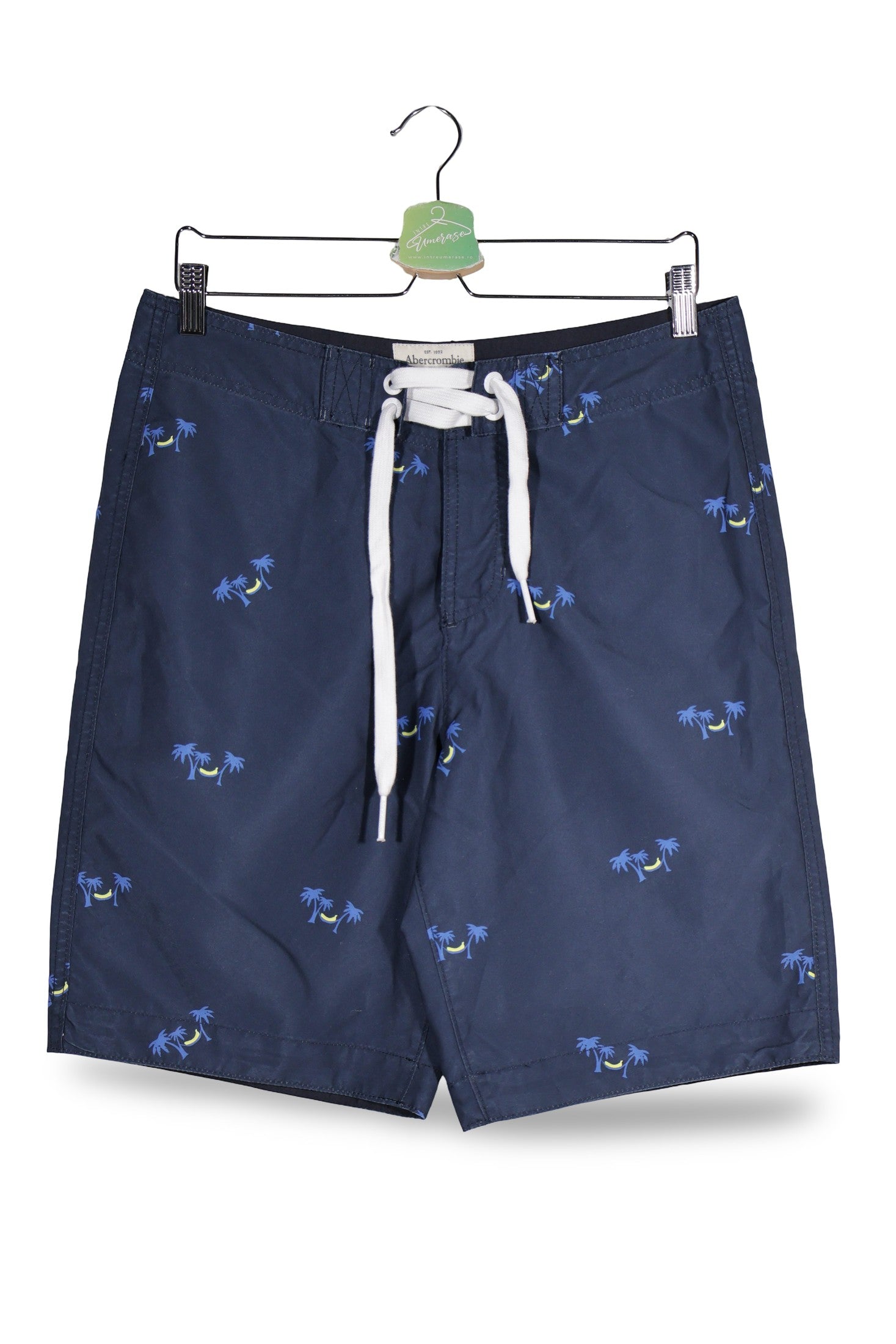 Pantaloni scurti Abercrombie&Fitch bleumarin cu imprimeu albastru si accente galbene mărime M vedere din față second-hand…