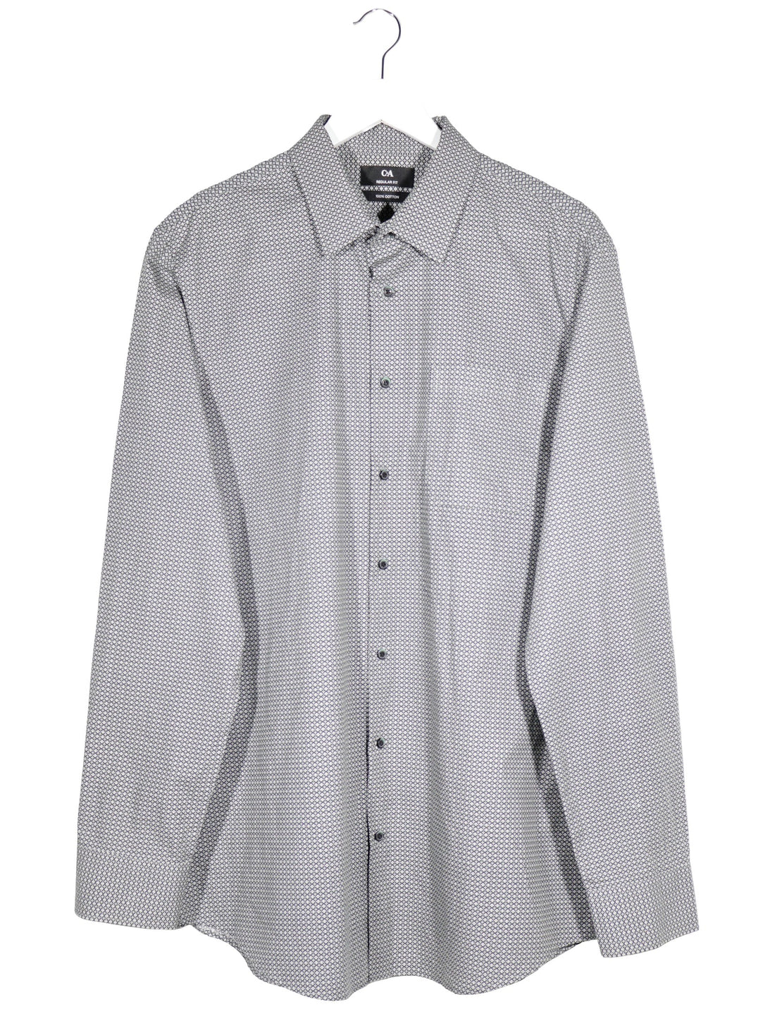 Camasa C&A gri deschis cu imprimeu geometric alb-negru mărime L vedere din față second-hand premium
