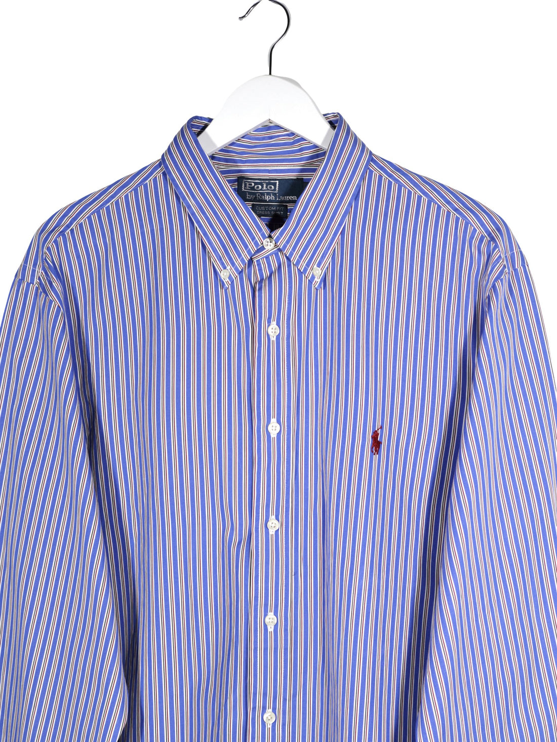 Camasa Polo by Ralph Lauren albastru cu dungi albe, roșii și verzi mărime XXL detaliu material și croială second-hand premium