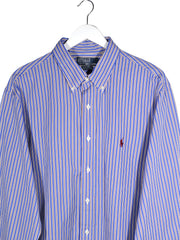 Camasa Polo by Ralph Lauren albastru cu dungi albe, roșii și verzi mărime XXL detaliu material și croială second-hand premium