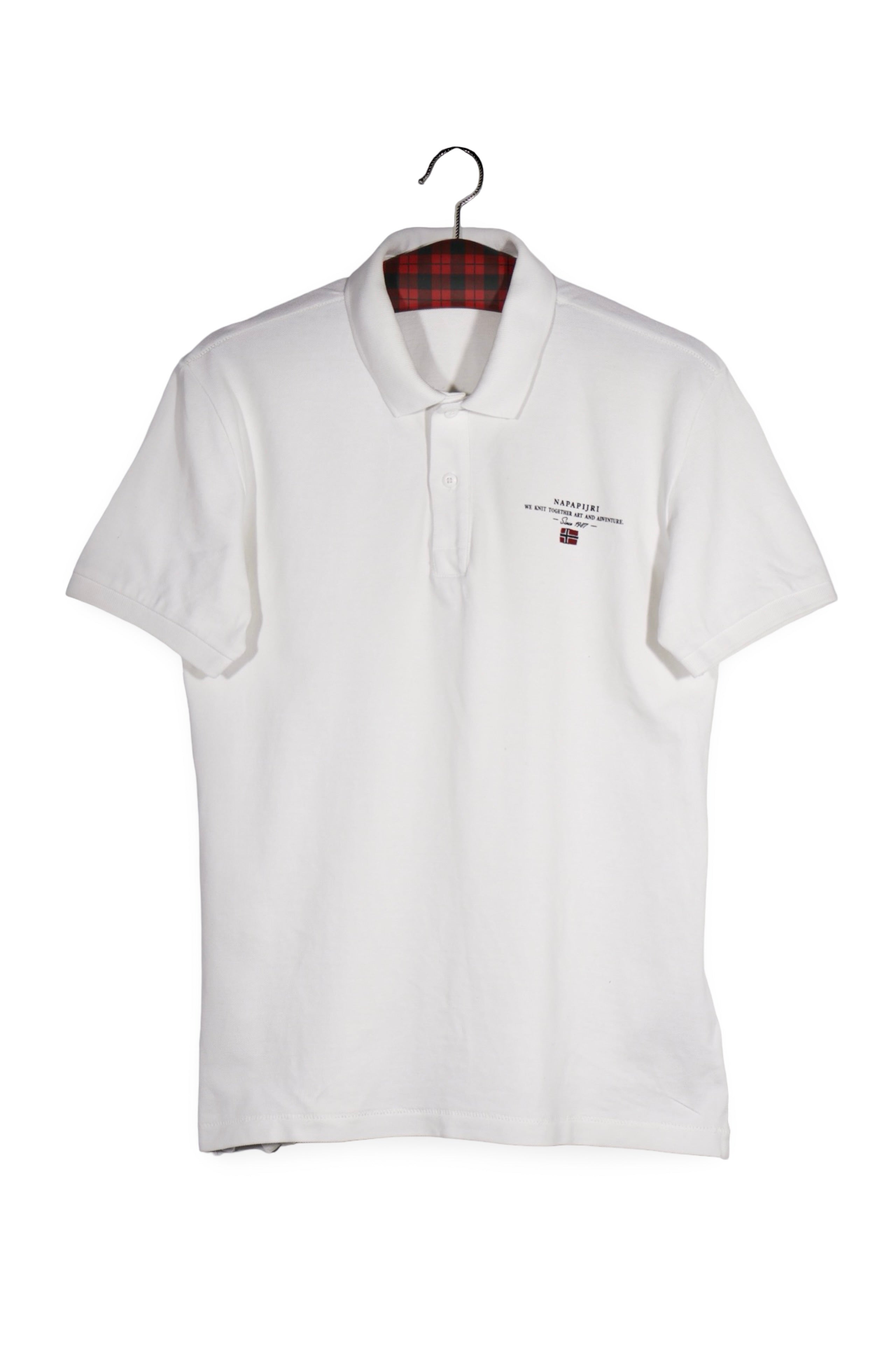 Tricou - Napapijri polo alb cu detaliu caroiat la guler – M – Bărbați - fata