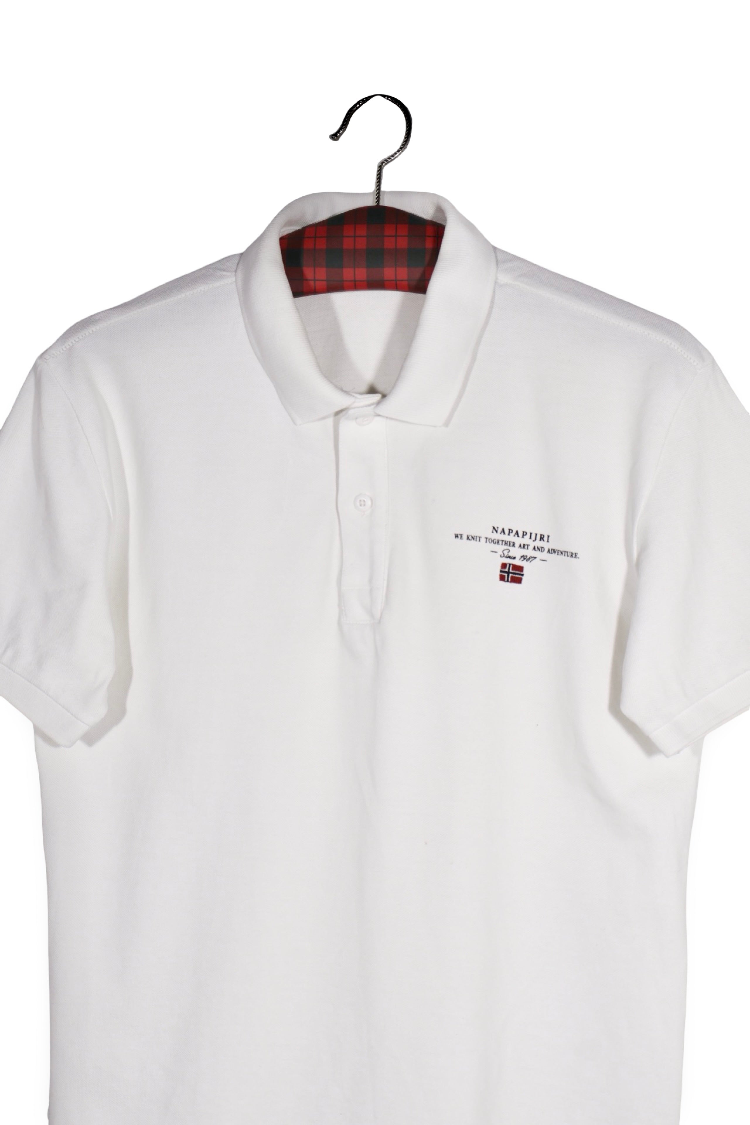 Tricou - Napapijri polo alb cu detaliu caroiat la guler – M – Bărbați - detaliu