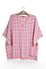 Bluză - Vintage carou roz din in – 3XL – Femei - fata