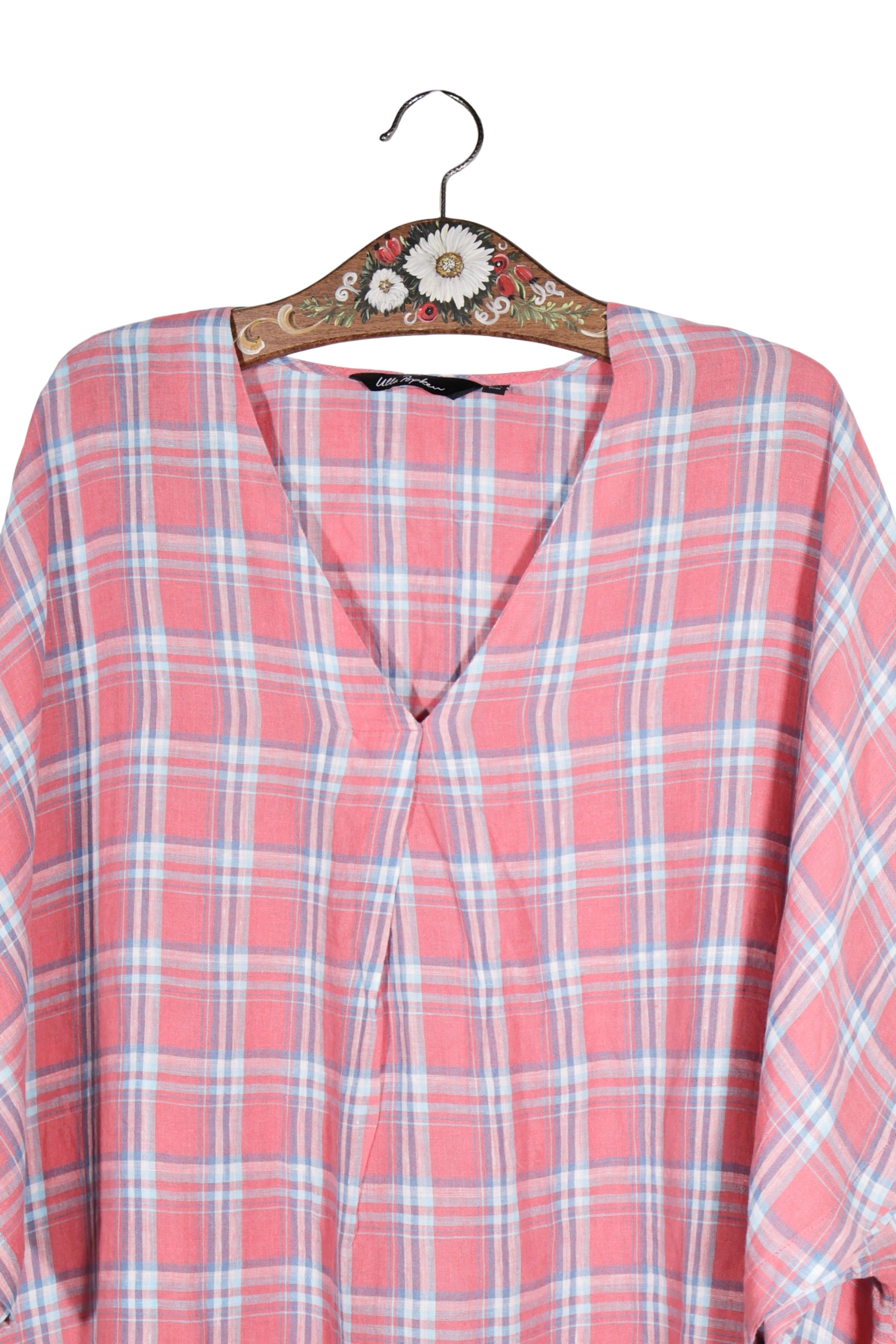 Bluză - Vintage carou roz din in – 3XL – Femei - detaliu