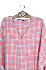 Bluză - Vintage carou roz din in – 3XL – Femei - detaliu