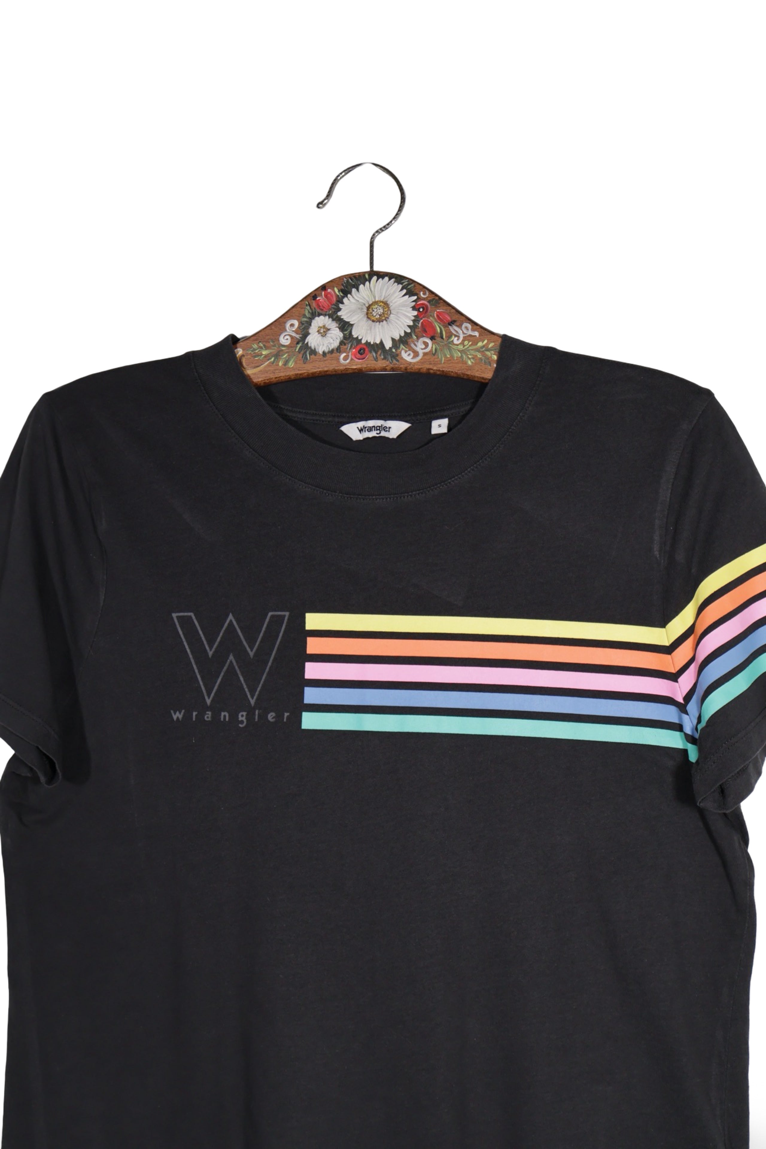 Tricou - Wrangler negru cu dungi multicolore pe maneca – S – Femei - detaliu