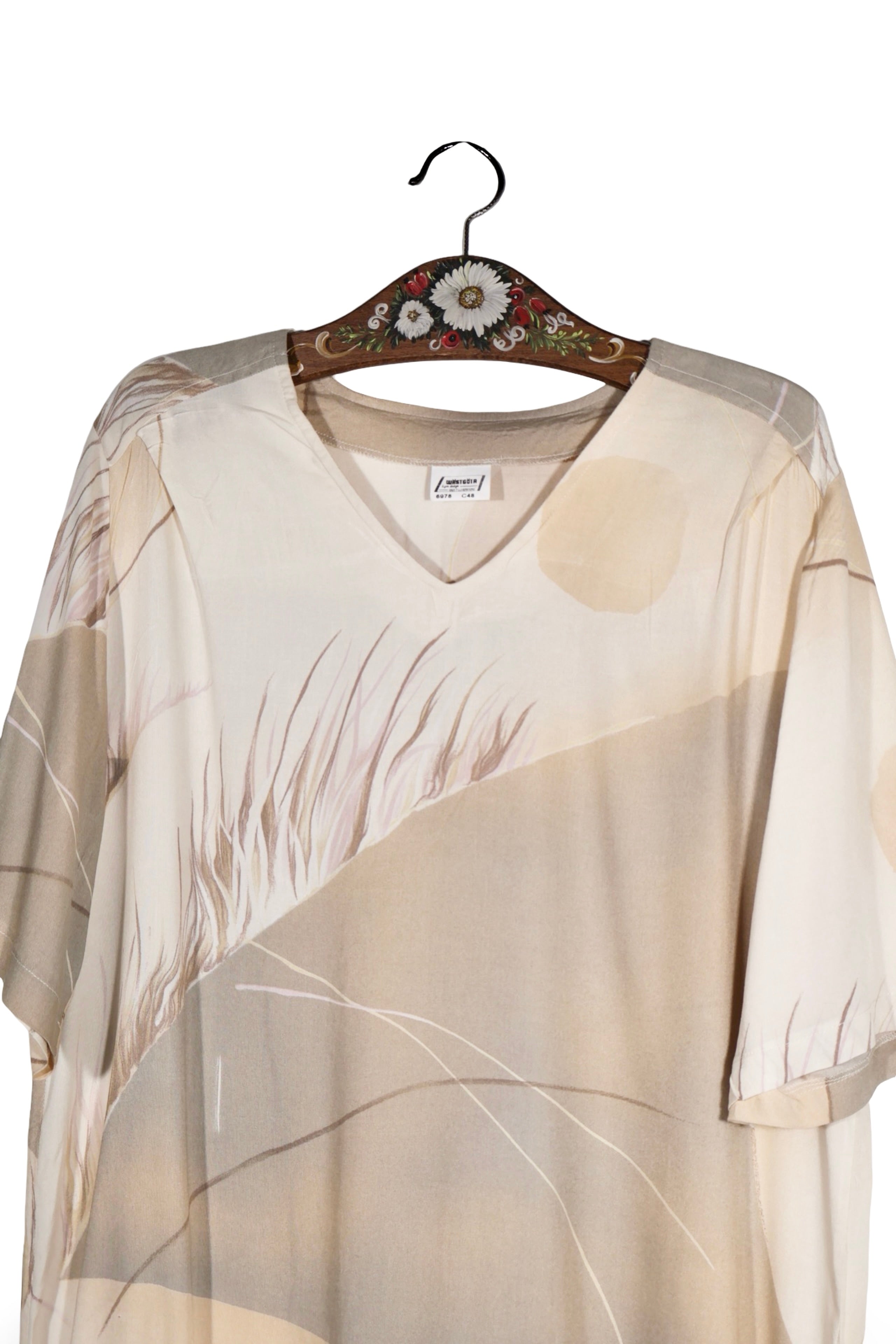 Tricou - Vintage bej cu print abstract fluid – XL – Femei - detaliu