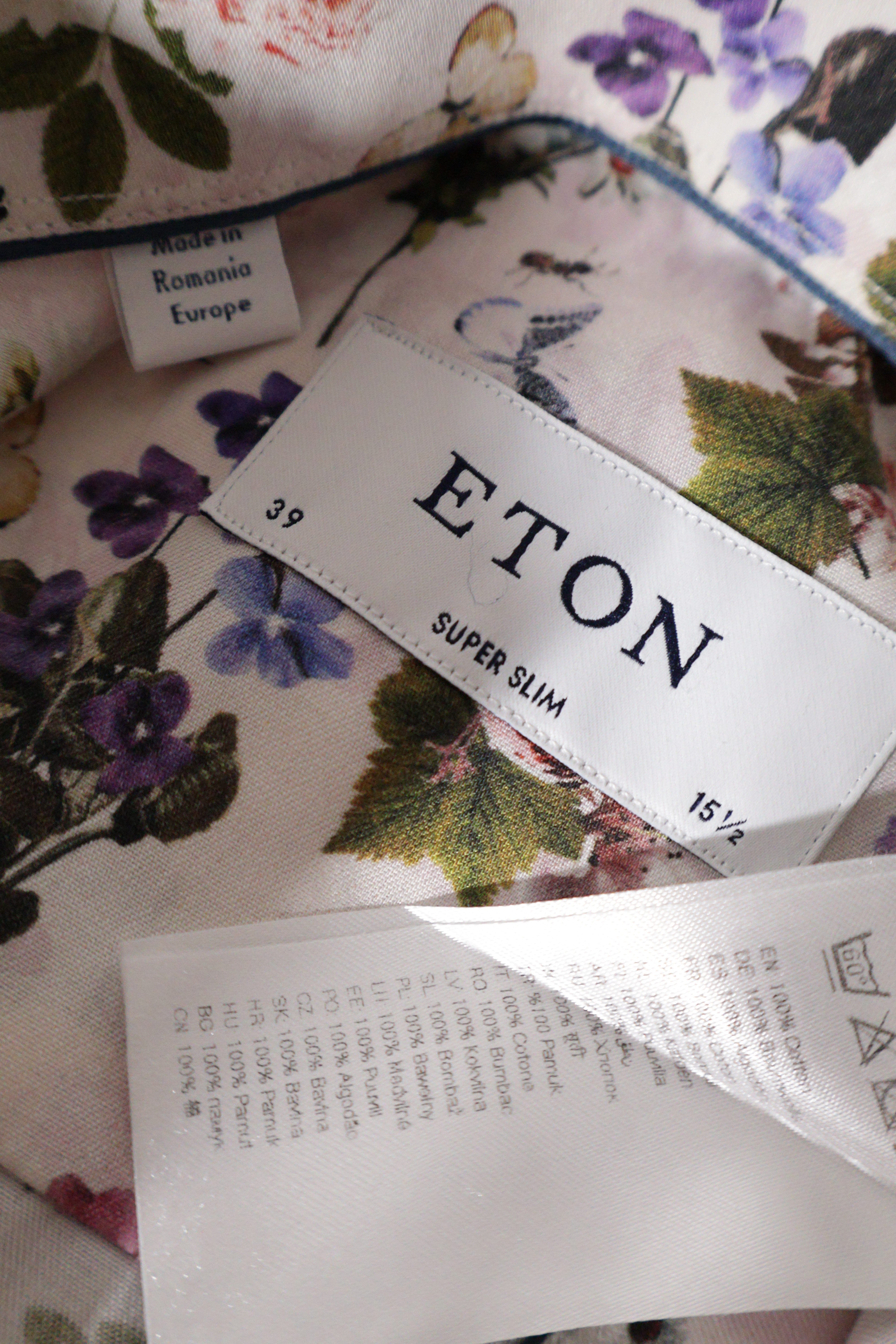 Eticheta marime si compozitie (rotita dreapta) - Cămașă - Eton alb cu imprimeu floral fin – M – Bărbați