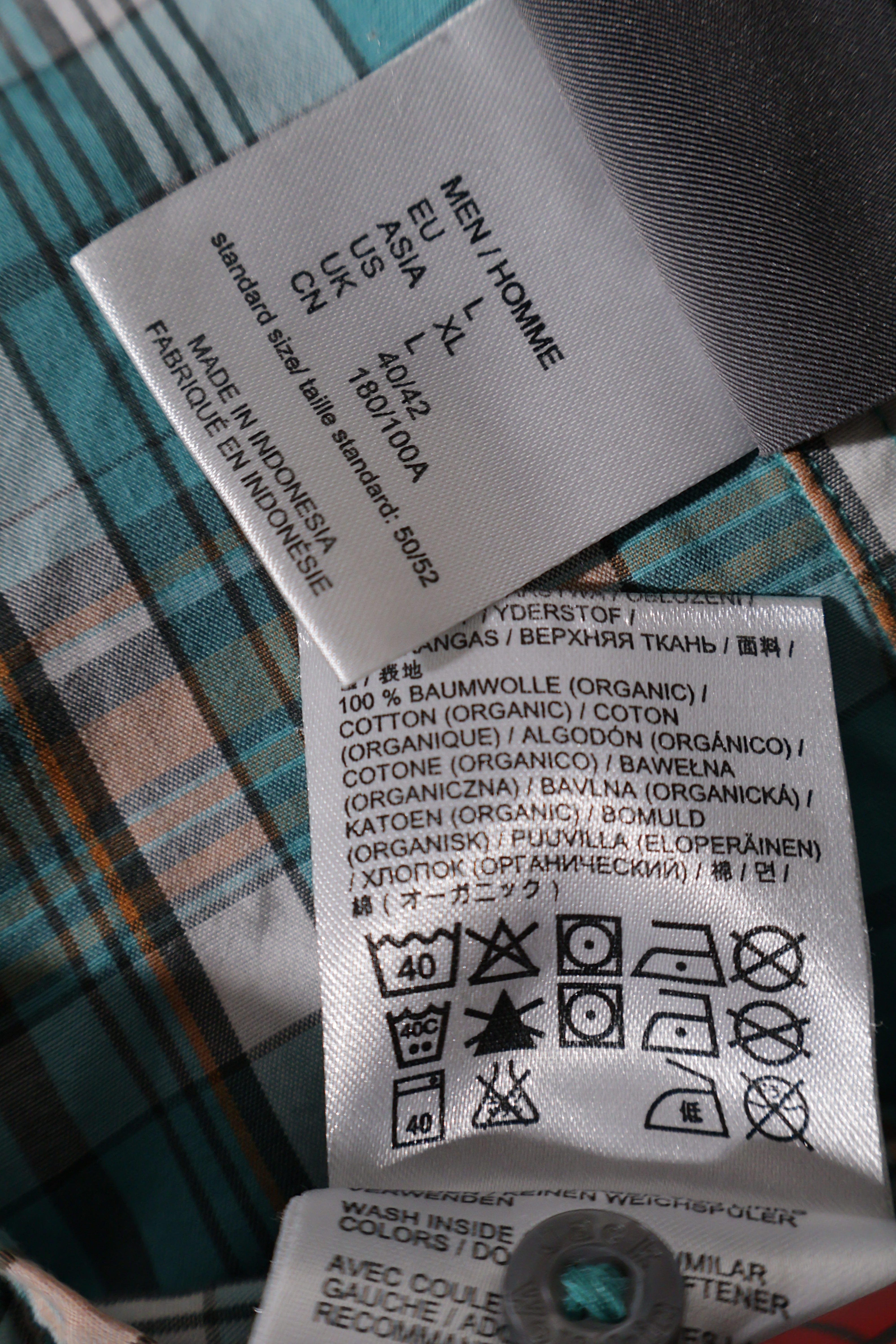 Eticheta marime si compozitie (rotita dreapta) - Cămașă - Jack Wolfskin în carouri albastre din bumbac organic – L – Bărbați