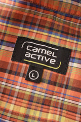 Eticheta marime si compozitie (rotita dreapta) - Cămașă - Camel multicolor din bumbac in carouri cu croială relaxată – XL – Bărbați