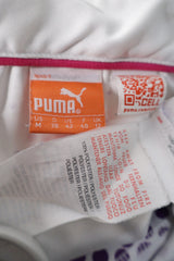 Tricou PUMA alb cu imprimeu mov mărime M etichetă mărime și compoziție second-hand premium