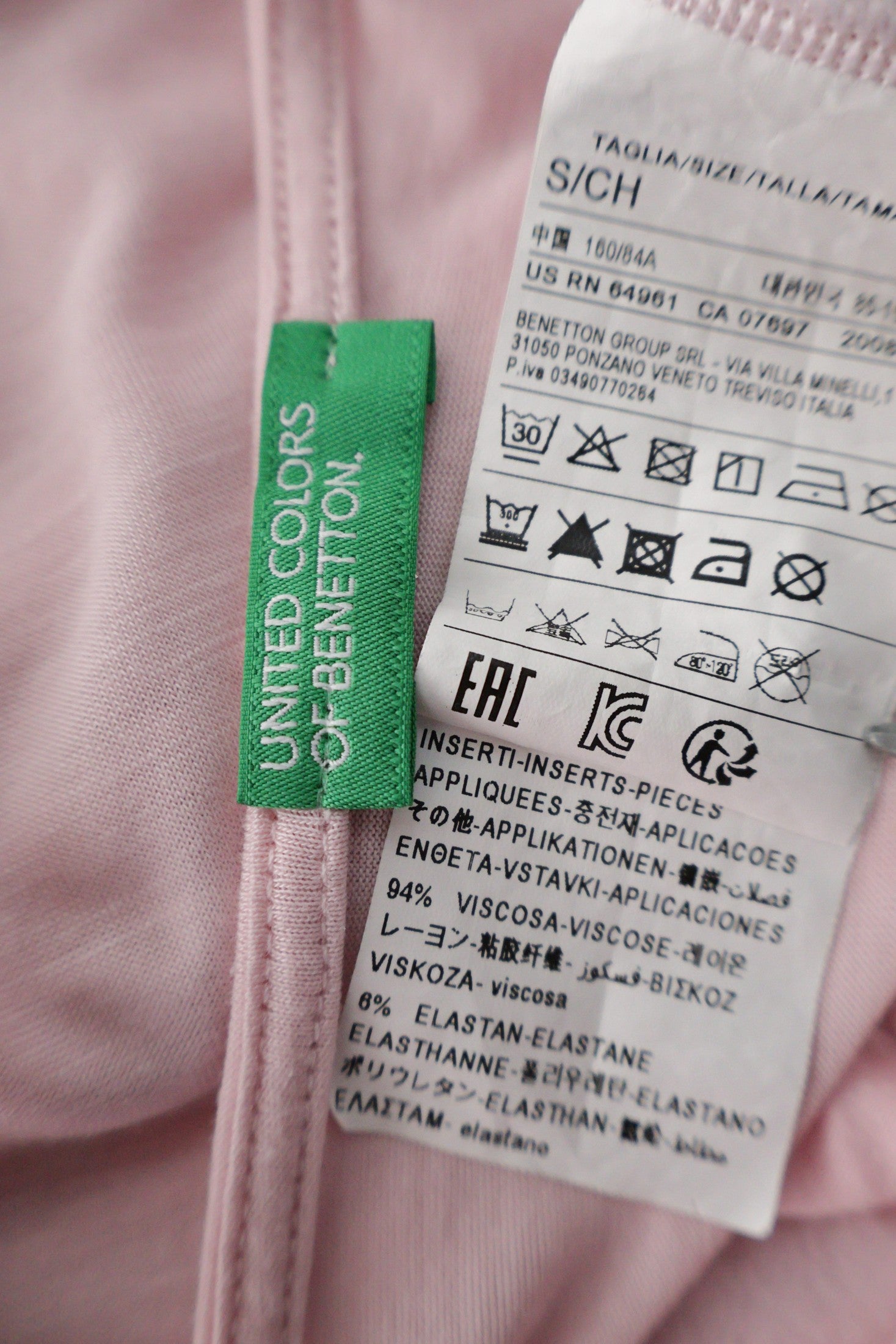 Top Benetton roz pal mărime S etichetă mărime și compoziție second-hand premium